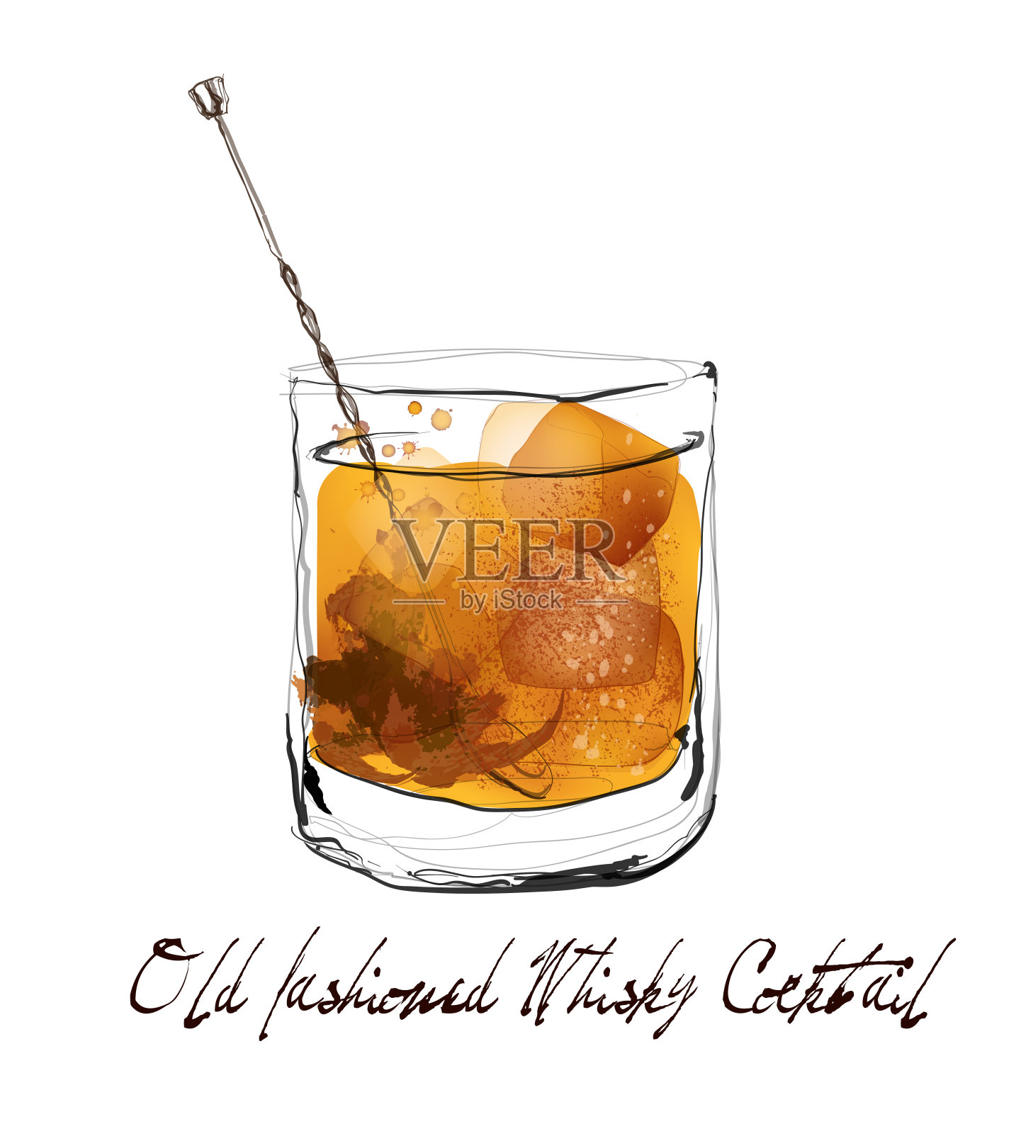 老式威士忌鸡尾酒水彩风格设计元素图片