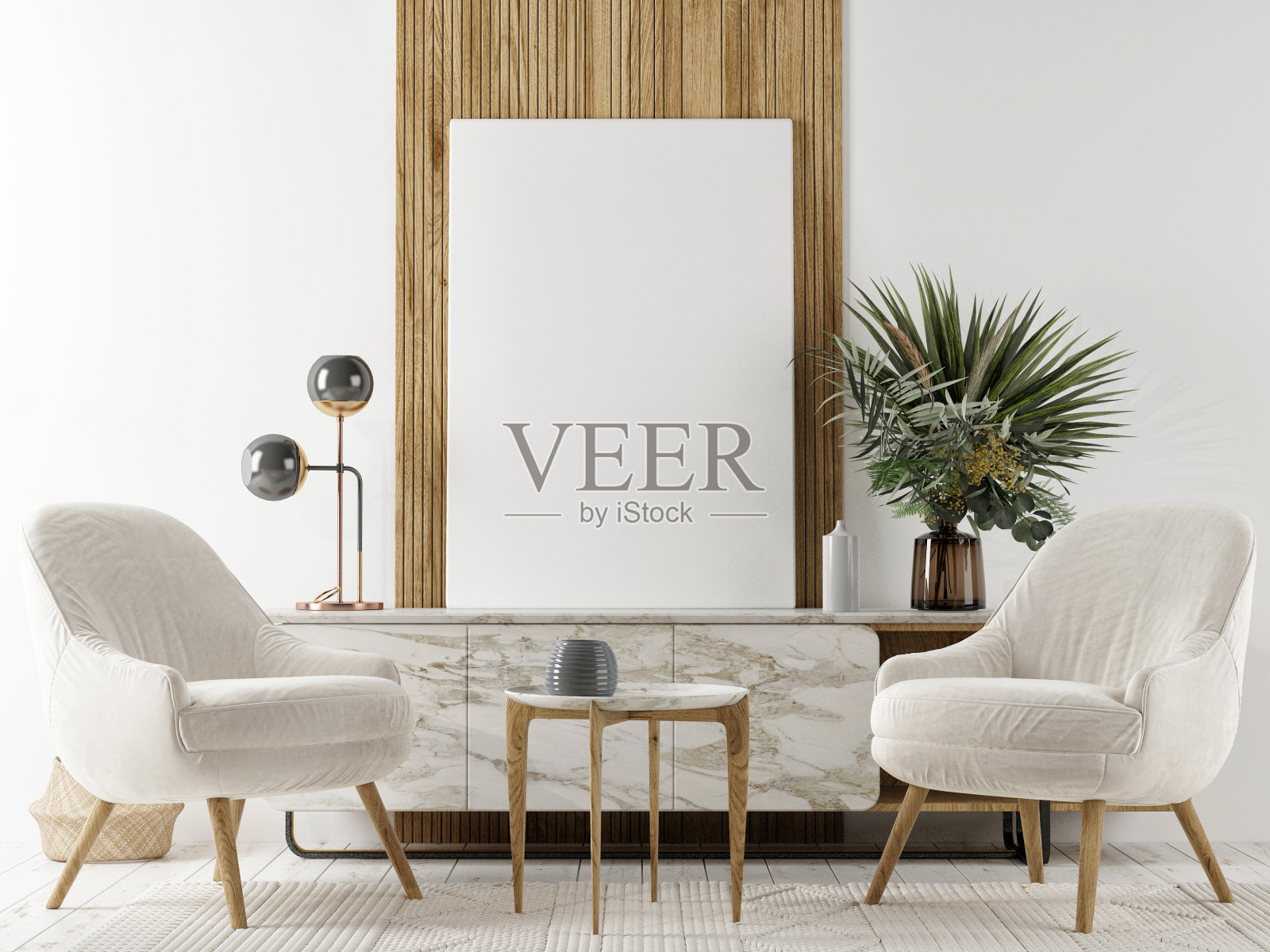 斯堪的纳维亚室内设计的客厅与模拟海报框架，家具和家庭装饰照片摄影图片