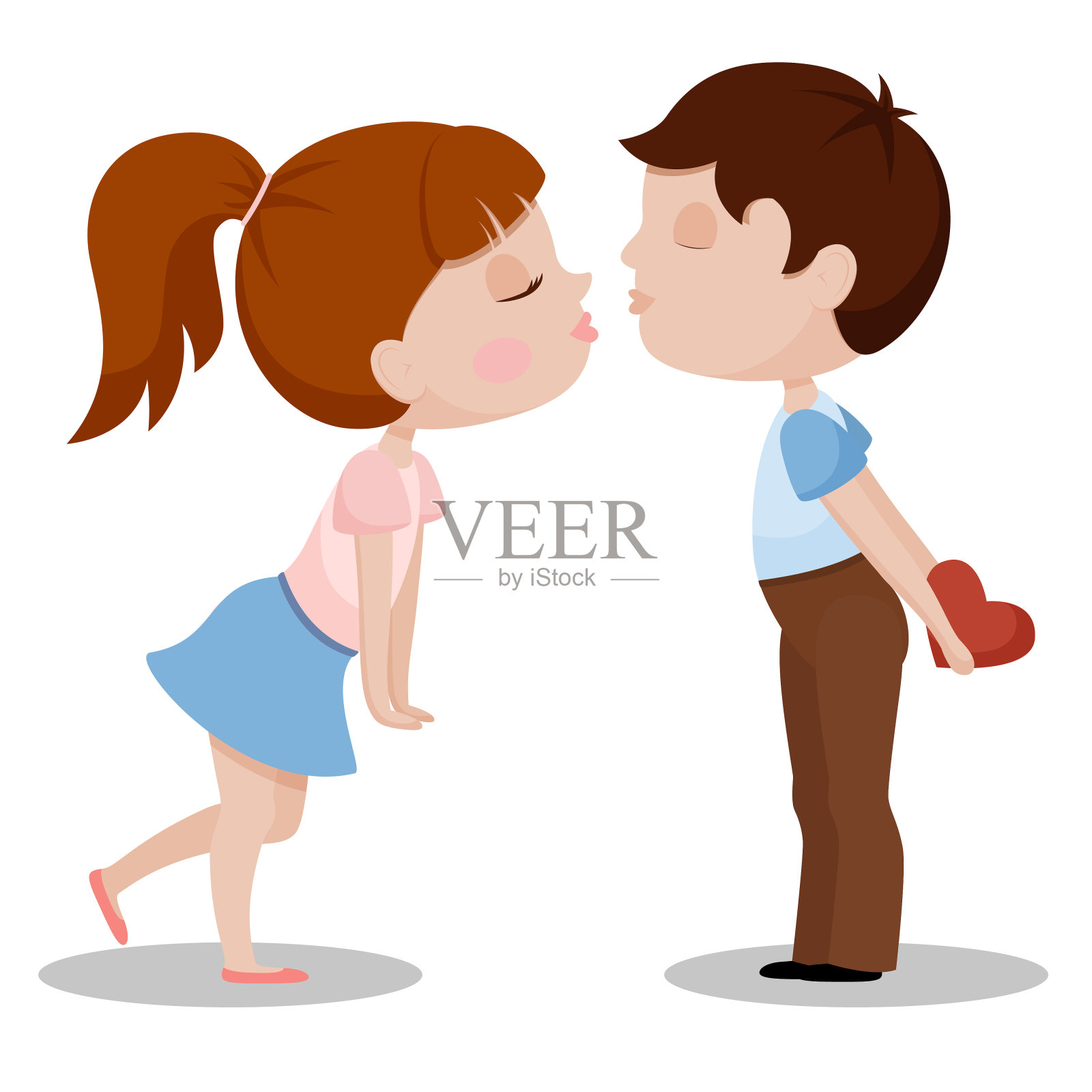 男孩和女孩将在白色背景上孤独地亲吻。情人节的概念。平面向量插图。插画图片素材