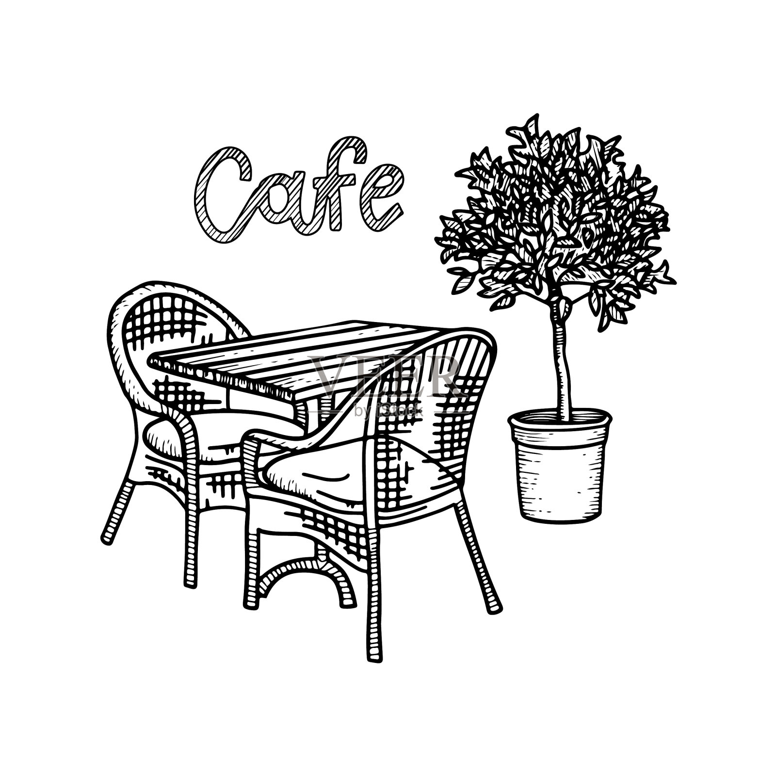 手绘街头咖啡馆家具-二桌设计元素图片