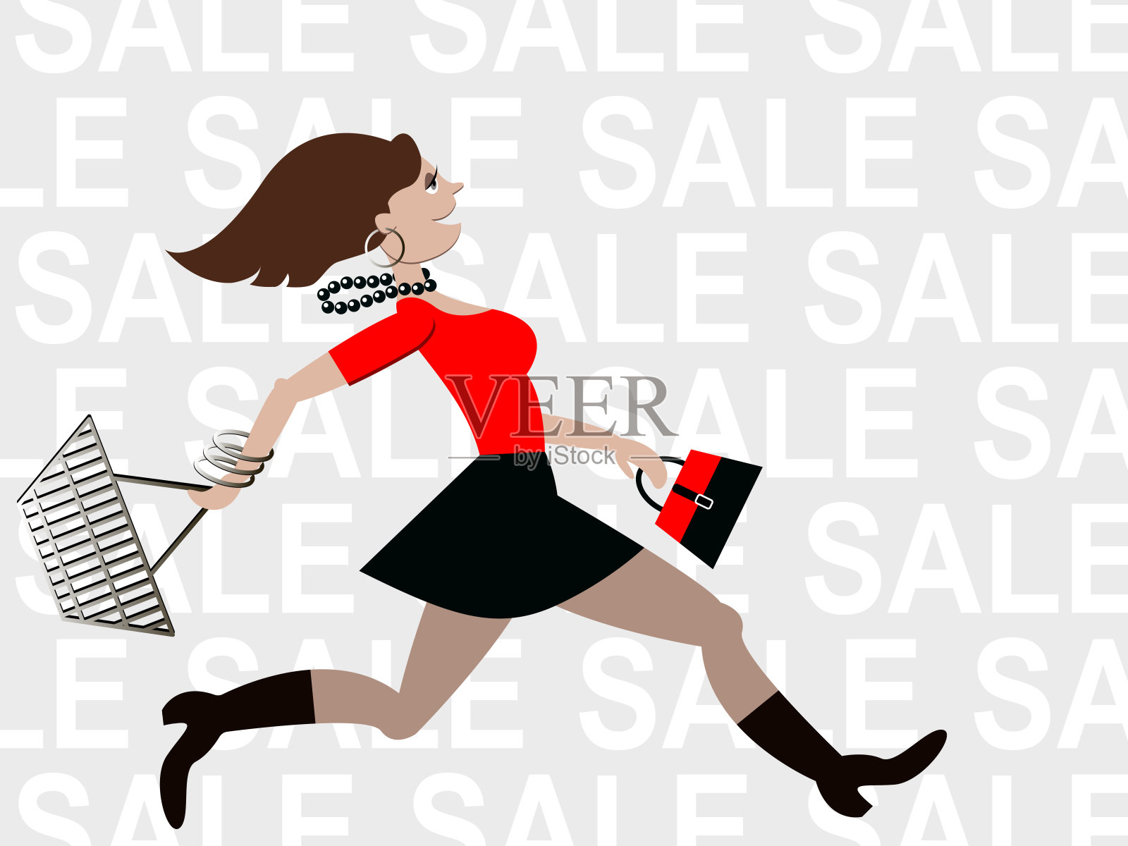一个女孩提着购物篮和一个女士的钱包在灰色的背景上，上面写着“特价”设计元素图片