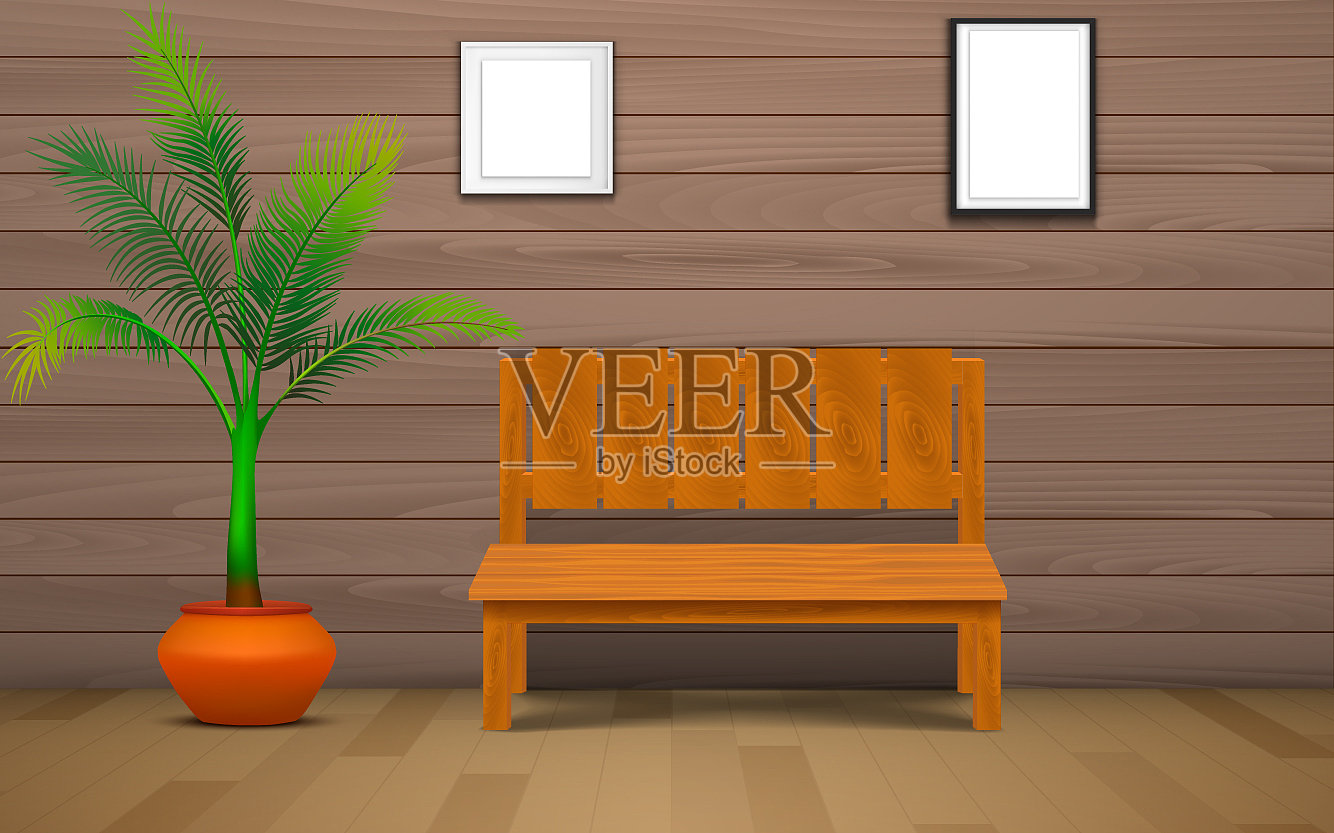 木椅，植物，相框插画图片素材