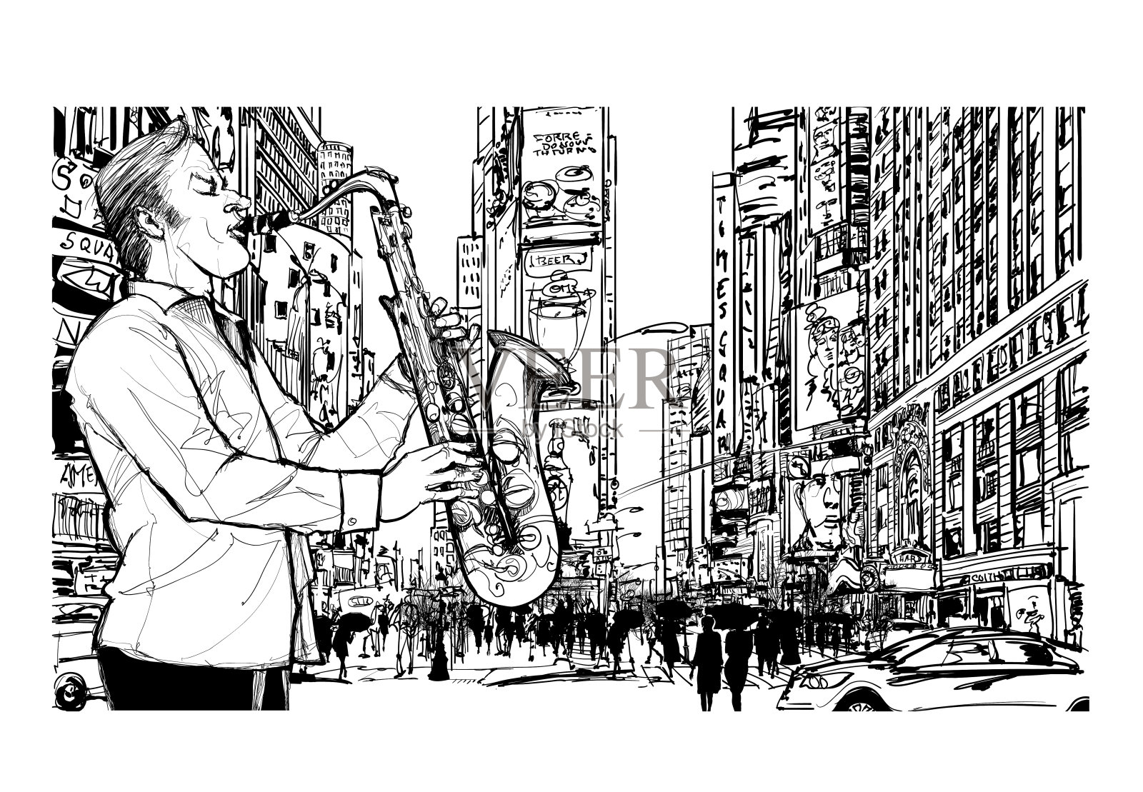在纽约演奏萨克斯管的爵士音乐家插画图片素材