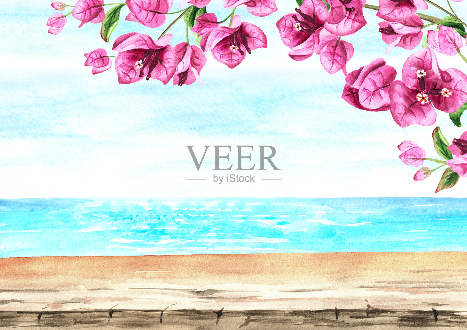 粉色九重葛框架，大海与蓝天，空板桌与拷贝空间。手绘水彩插图和背景插画图片素材