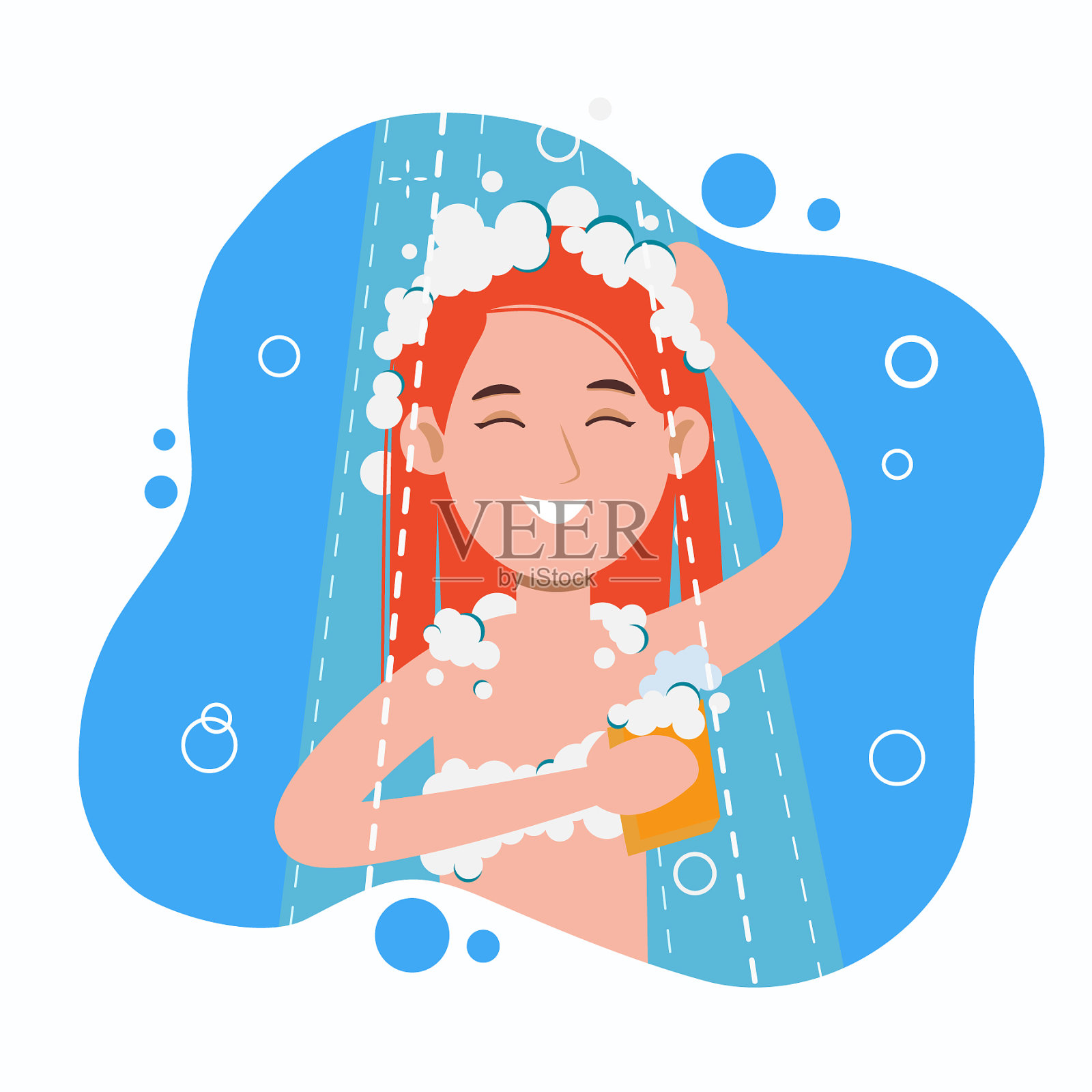 一个年轻女子在浴室洗澡洗头插画图片素材