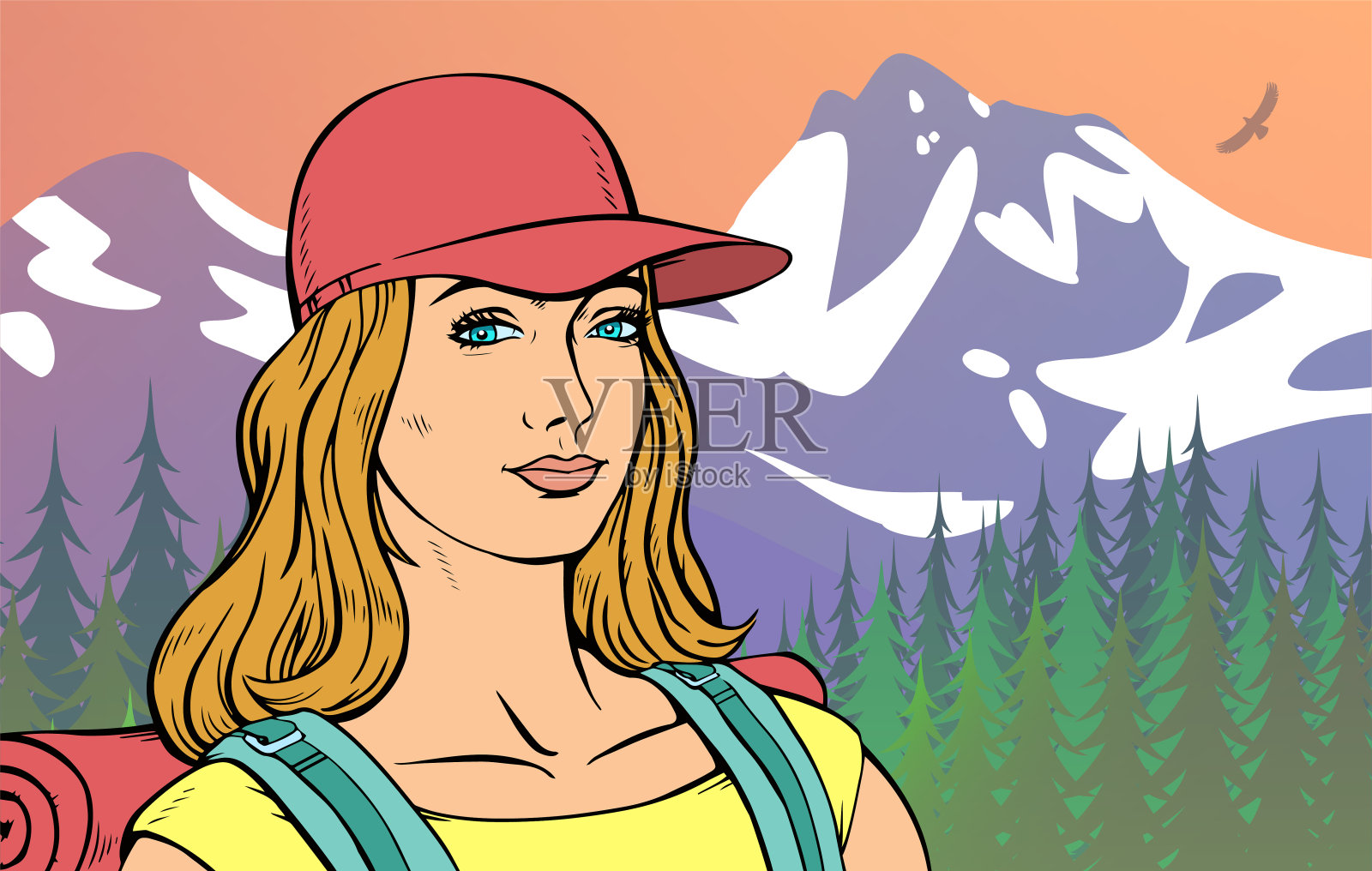 徒步旅行的女孩背着背包在山的背景上插画图片素材