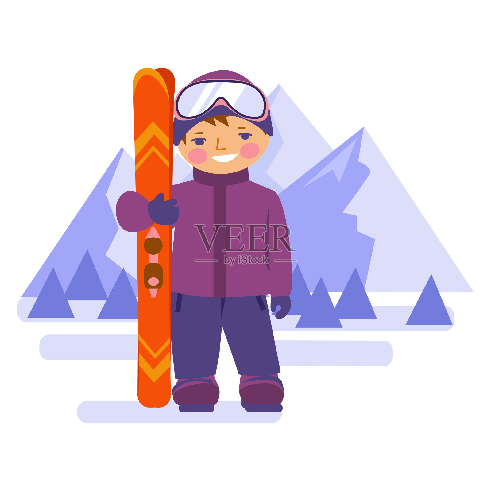 那个男孩拿着滑雪板站在群山的后面。矢量插图在平面风格。孤立在白色背景上。插画图片素材