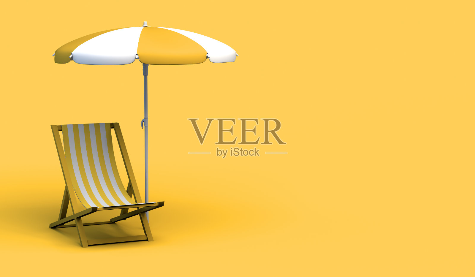 柔和的黄色背景上的遮阳伞折叠沙滩椅。夏季和假期概念。3 d演示。照片摄影图片