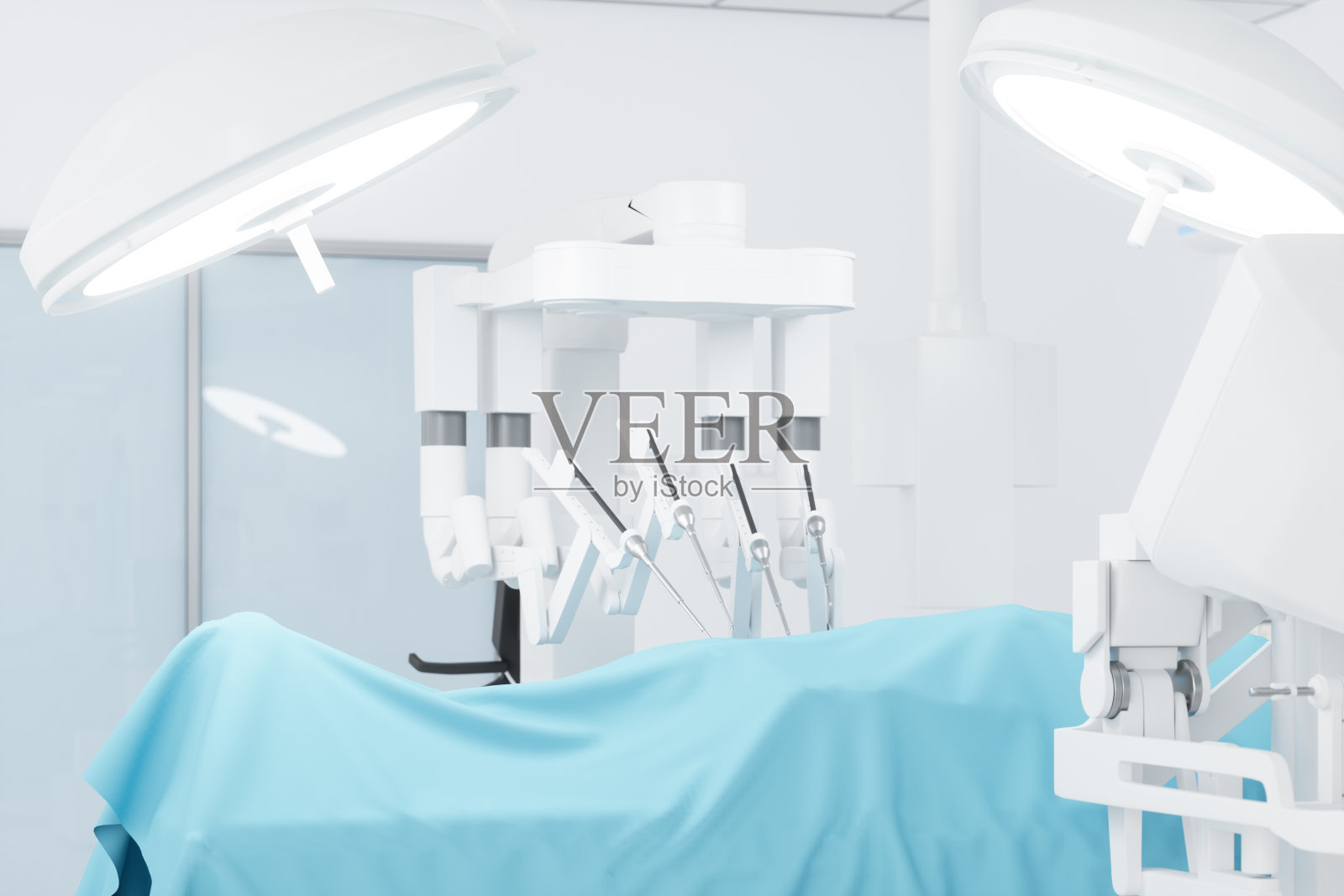 手术机器人在手术室进行医疗手术。照片摄影图片