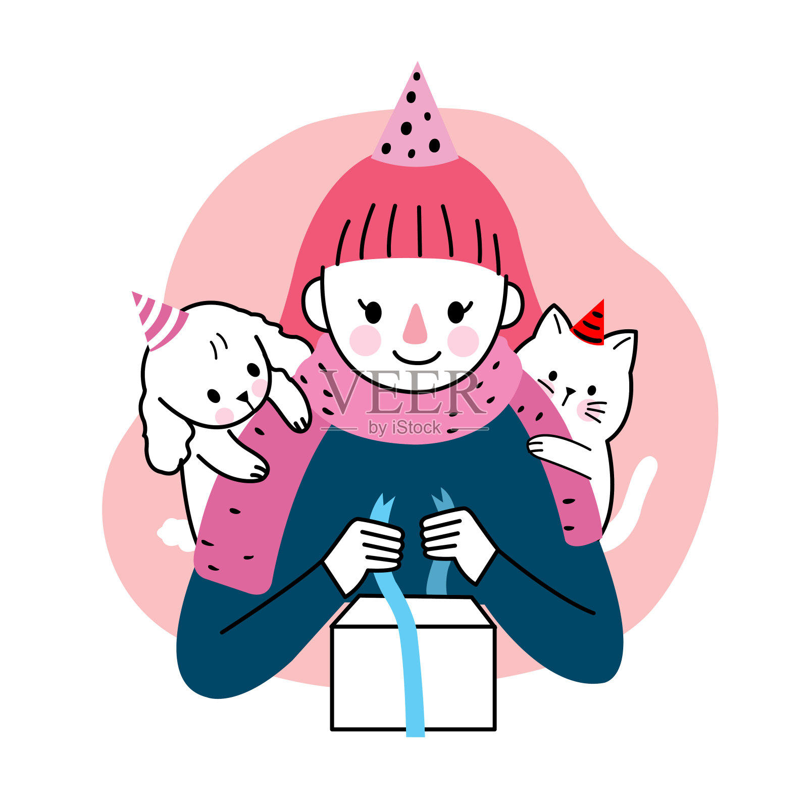 生日快乐，女人和狗和猫和礼物手画卡通可爱向量。插画图片素材