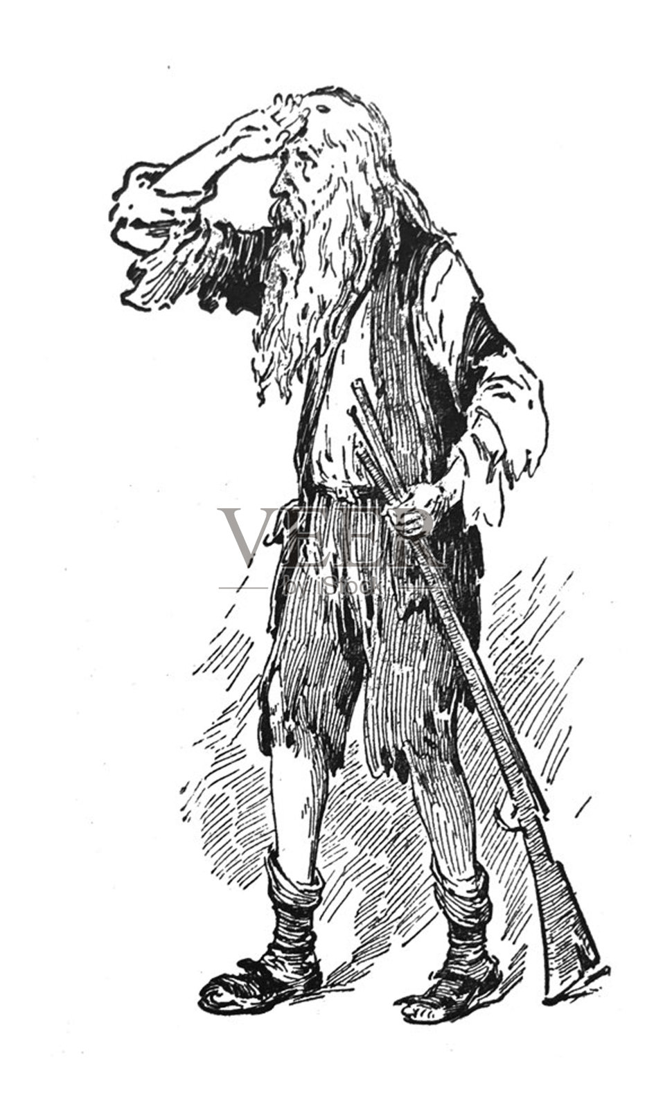 古董插图-瑞普·凡·温克尔-作为一个年长的男人，手放在额头上，手里拿着一把猎枪设计元素图片
