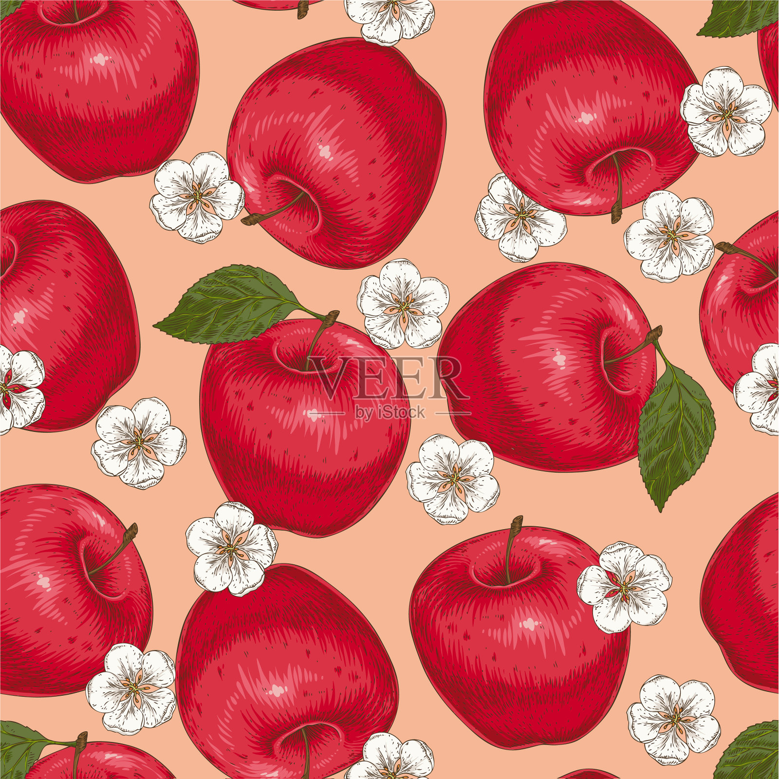 红苹果和花的无缝图案插画图片素材