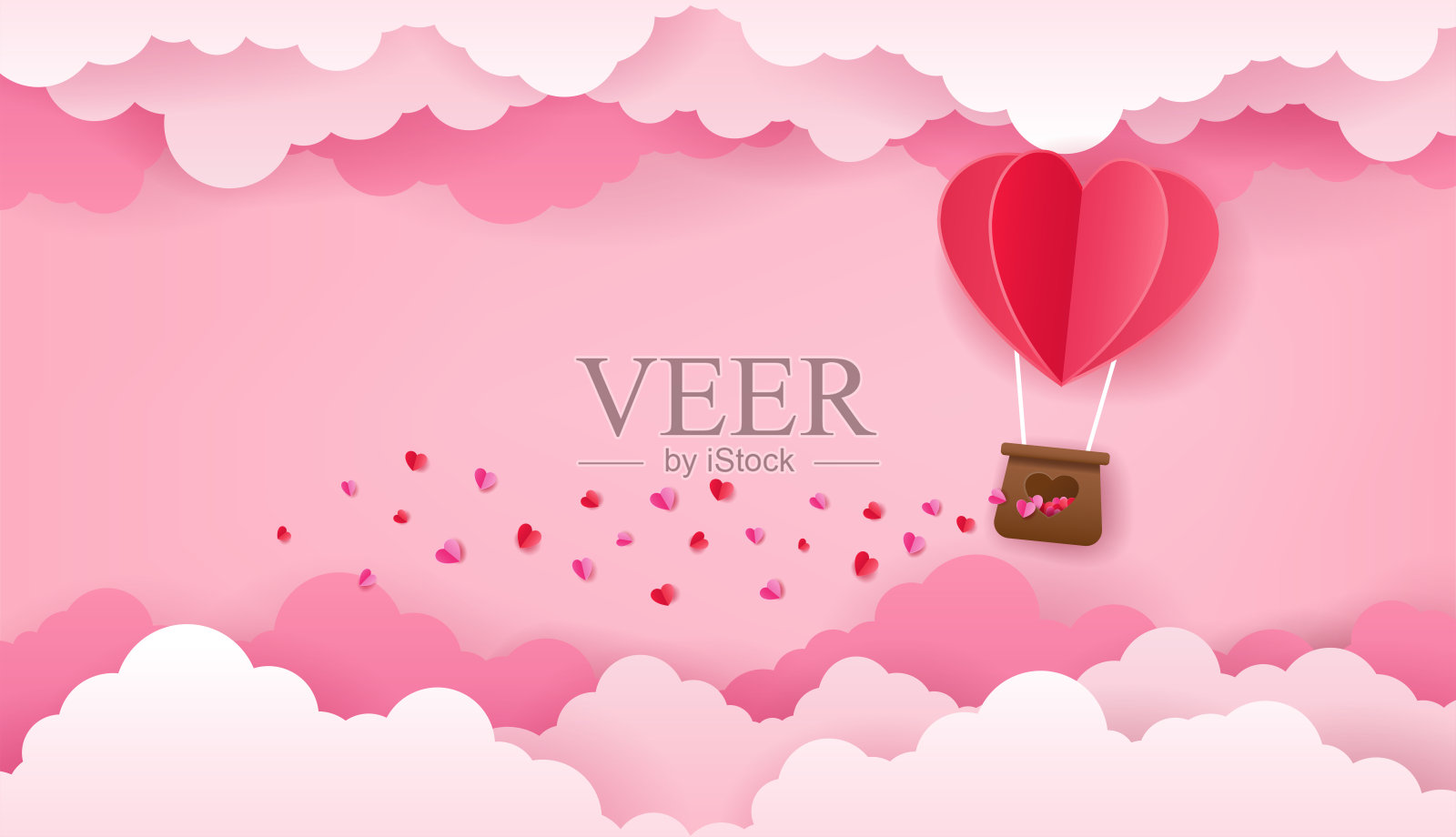 爱情和情人节概念，纸艺术的红色心形热气球在粉红色的天空与云飞行插画图片素材