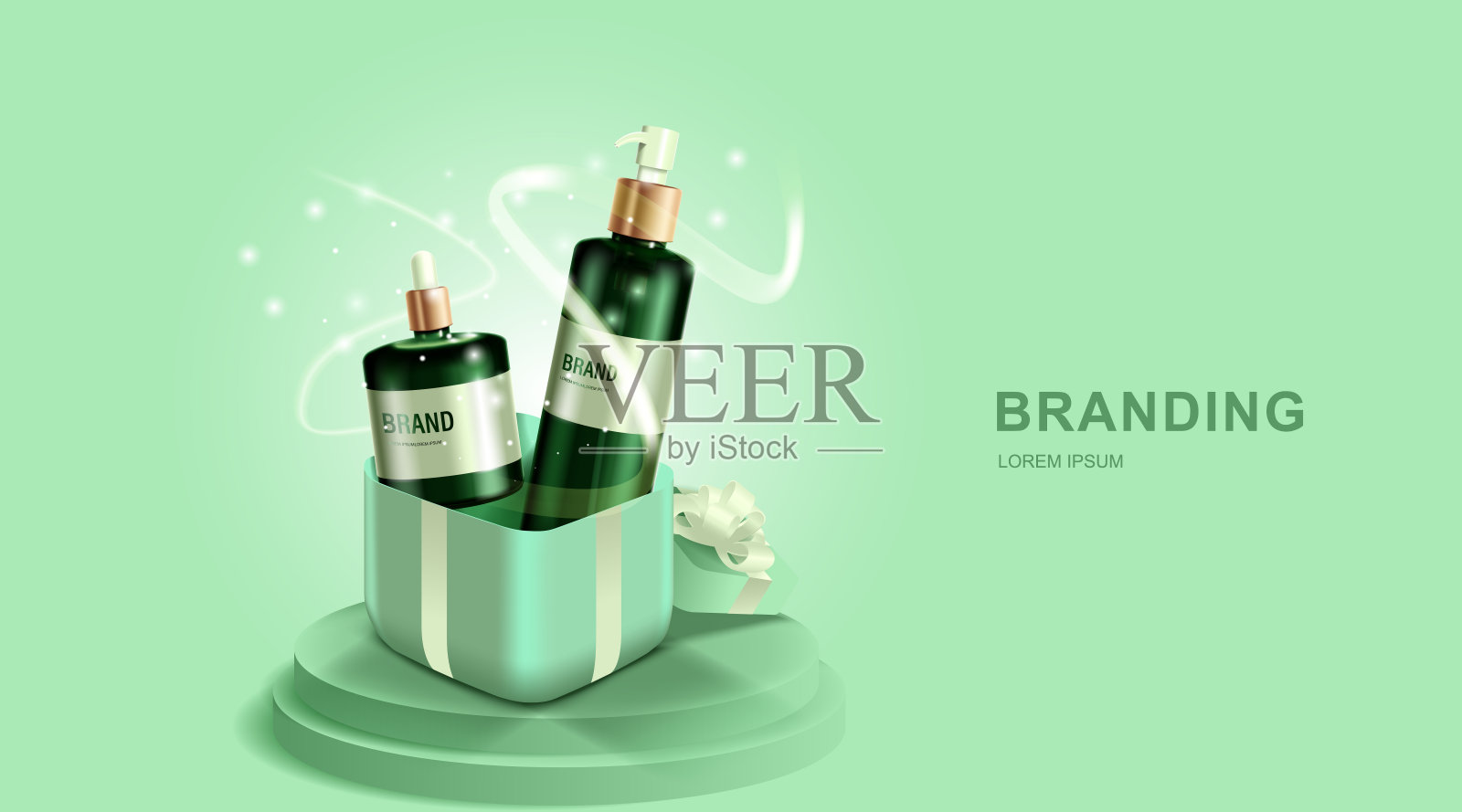 化妆品或护肤品。瓶子模型和礼品盒与绿色的背景。矢量插图。设计模板素材
