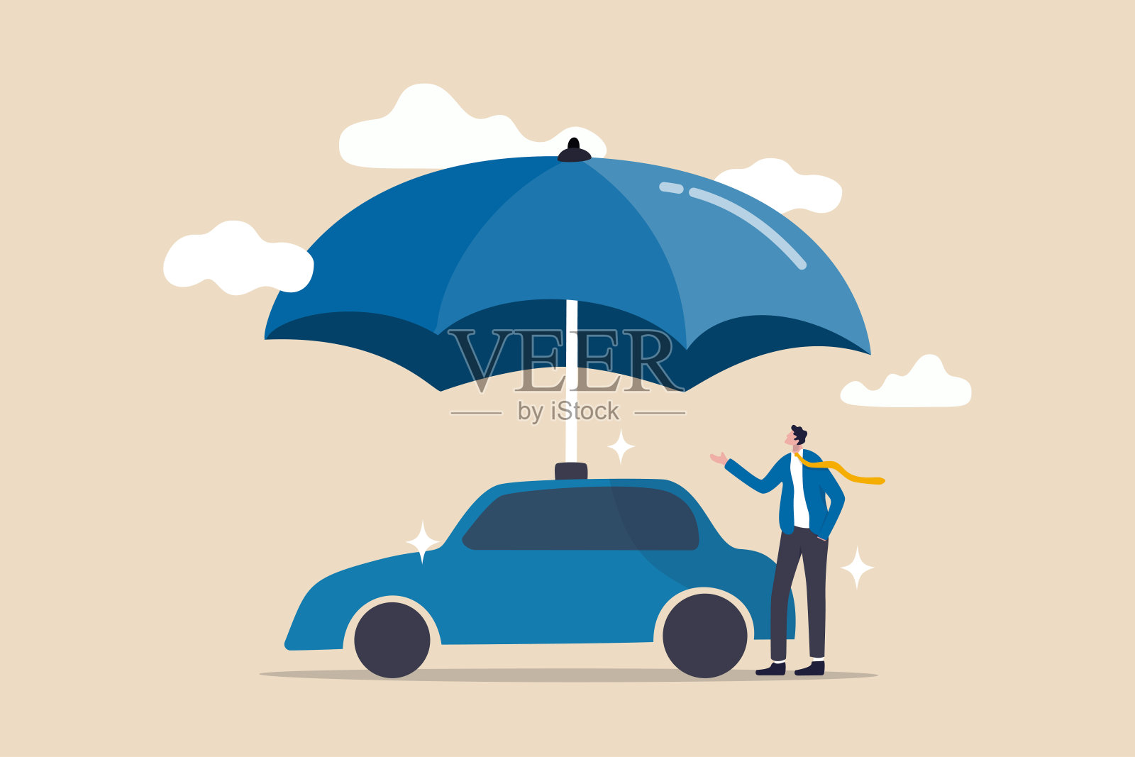汽车保险，为车辆提供事故保护，安全或保证服务理念，商家车主或保险代理站在新车强有力的伞下保护盾牌。插画图片素材