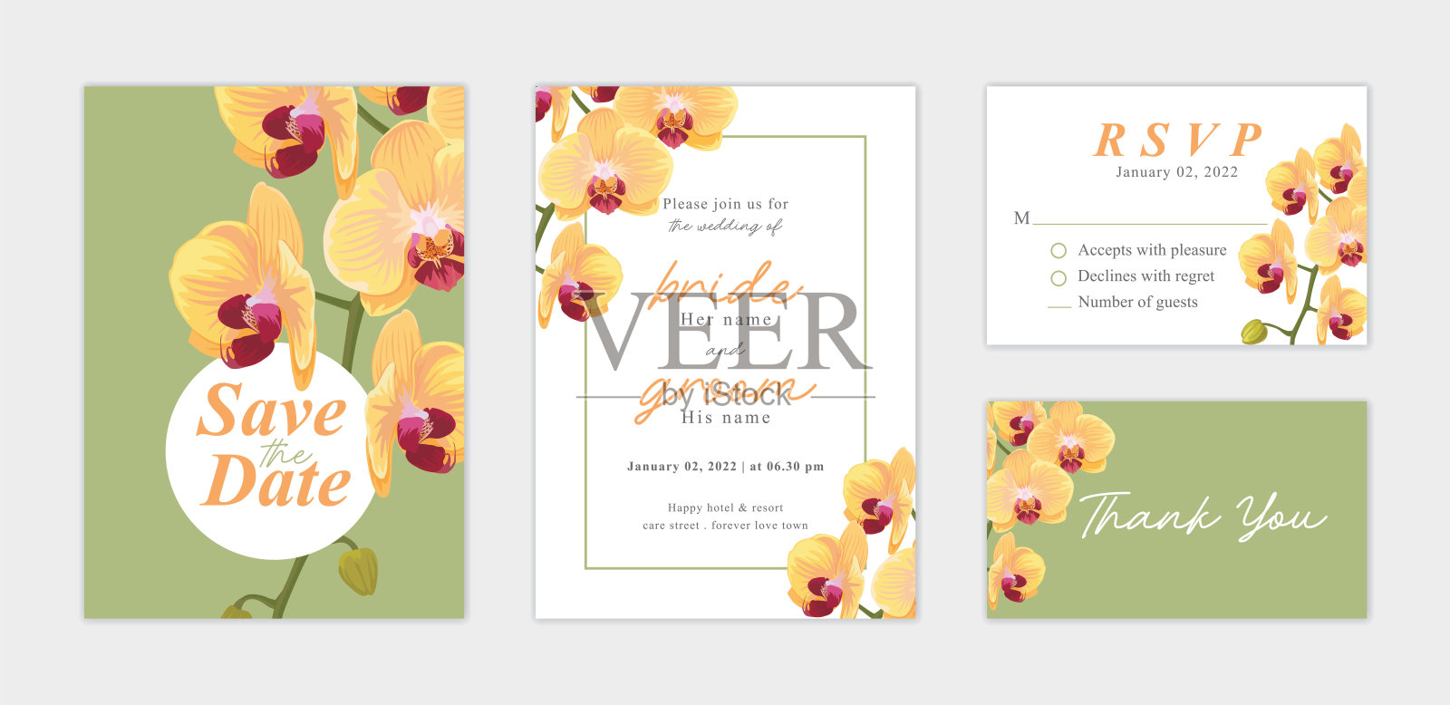 美丽的兰花花背景模板。矢量集花卉元素婚礼邀请，贺卡，信封，代金券，小册子和横幅设计。设计模板素材