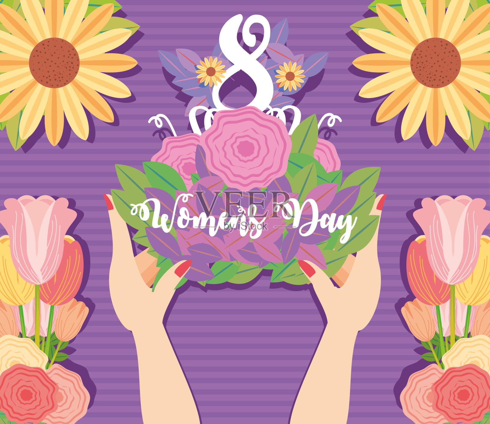 妇女节，女性手里摆着鲜花鲜花贺卡插画图片素材