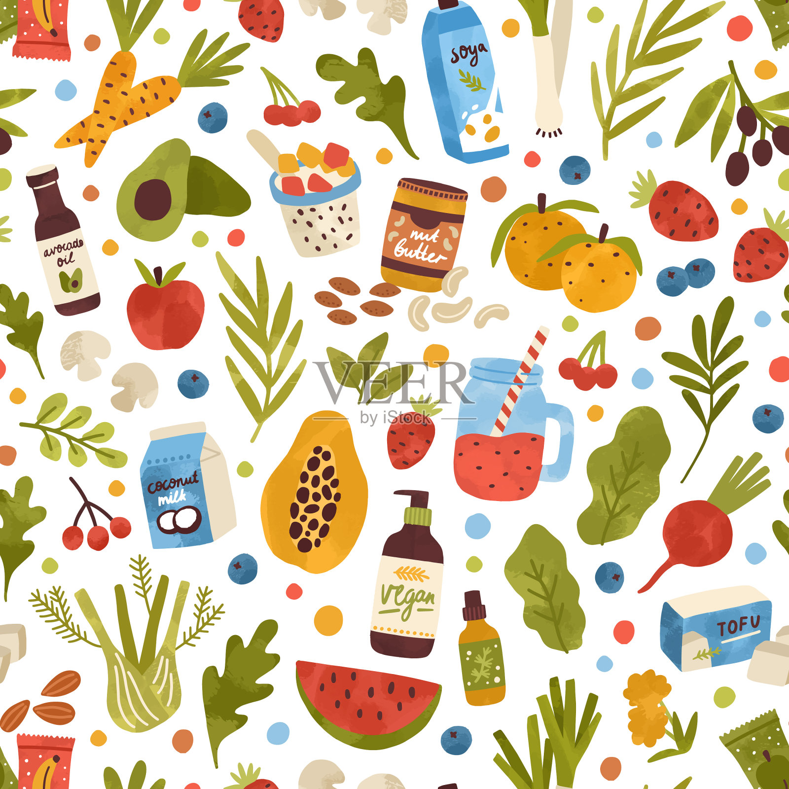 彩色手绘素食饮料和草药插画图片素材