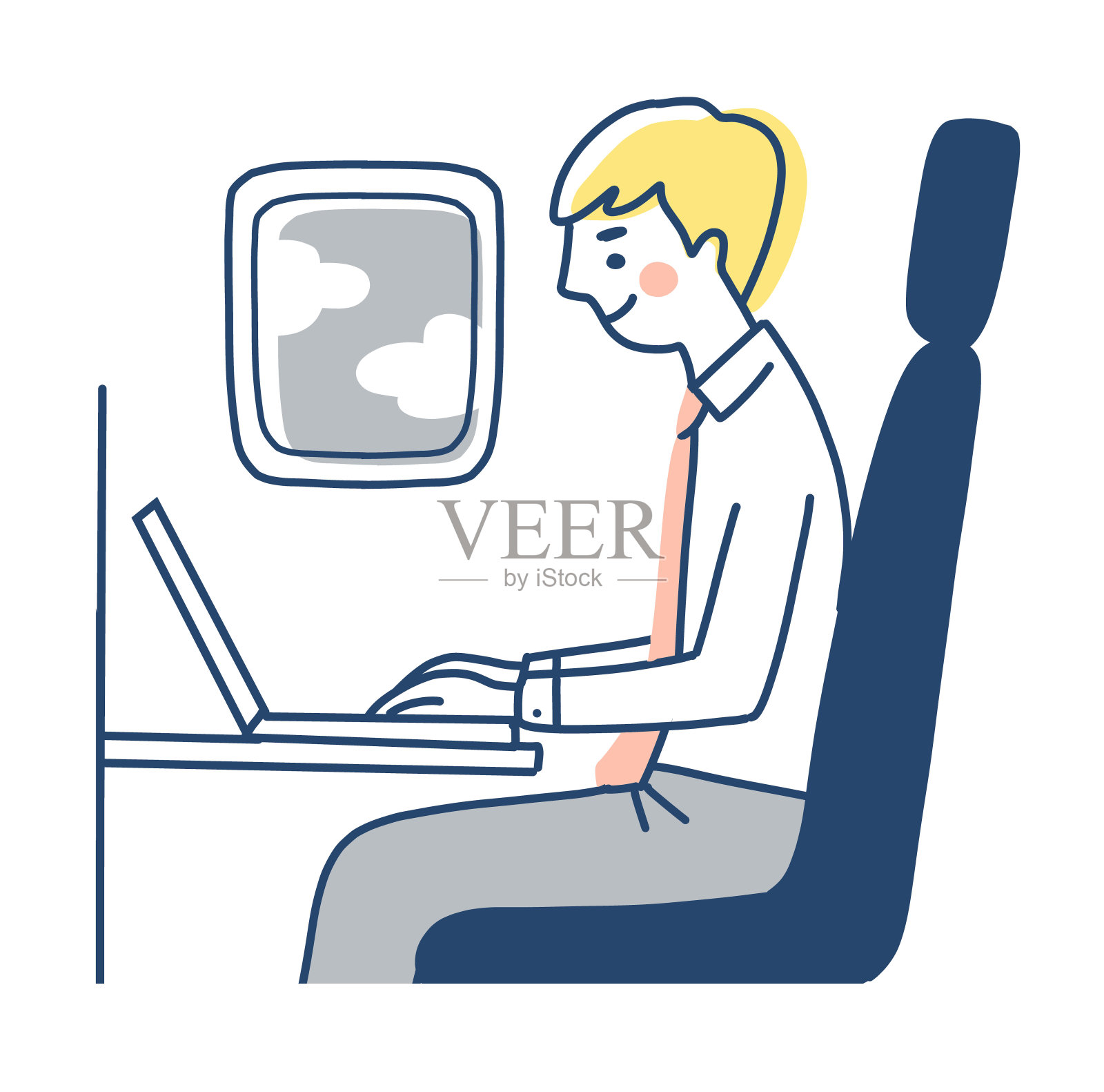 一个人在坐飞机旅行时做远程工作插画图片素材