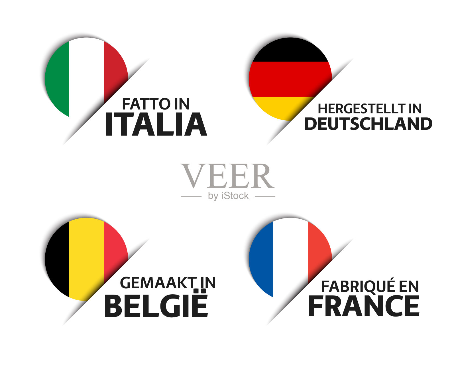 一套四种意大利，德国，比利时和法国贴纸。意大利制造、法国制造、德国制造和比利时制造。简单的图标与旗帜隔离在一个白色的背景插画图片素材