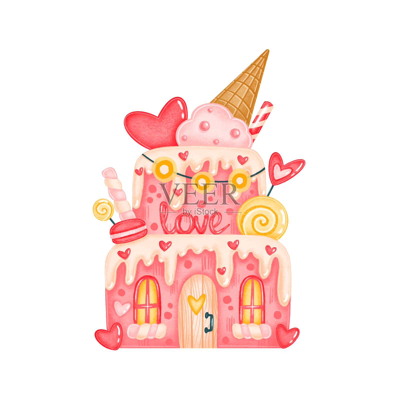情人节可爱糖果蛋糕屋插图孤立在白色背景插画图片素材