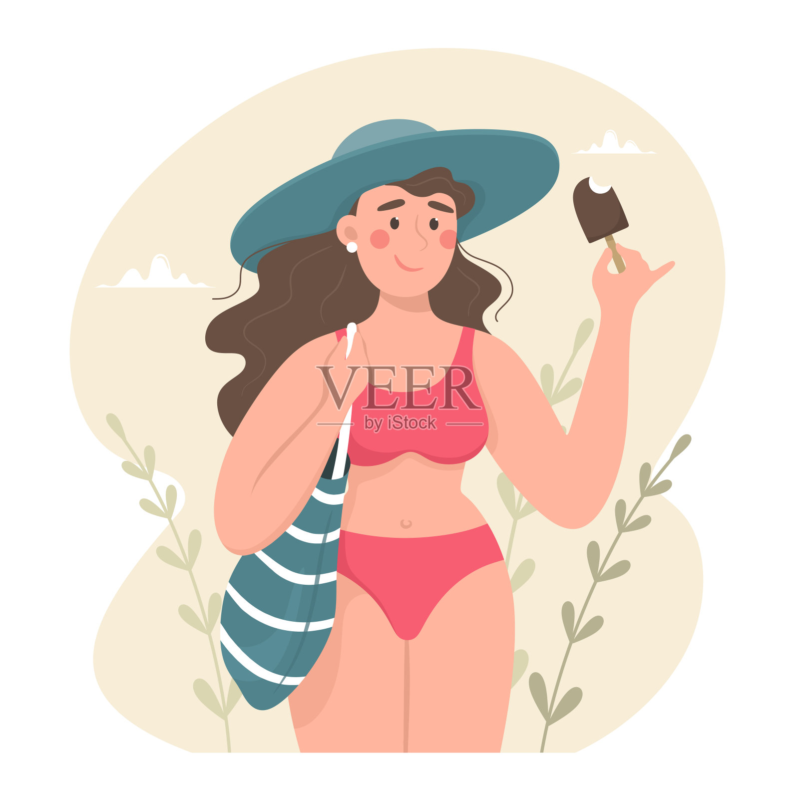 可爱的女孩，穿着泳衣和帽子吃冰淇淋，夏天和游泳季节。矢量插图卡通风格。插画图片素材