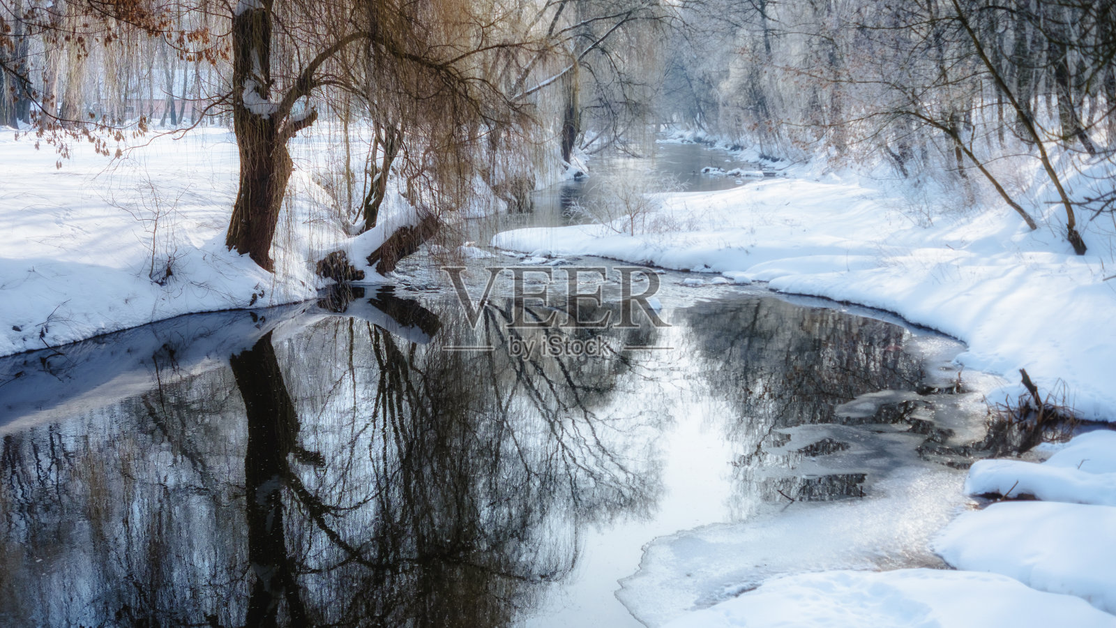 公园里令人惊叹的冬季景观。风景的河流和倒影的结霜的树木在水。全景图像性质。照片摄影图片