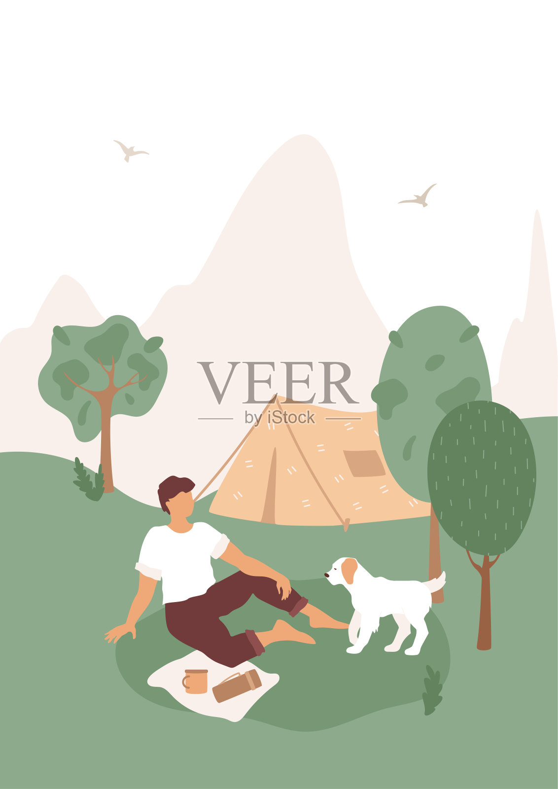带着狗的人，在森林里搭帐篷。周末的概念插画图片素材