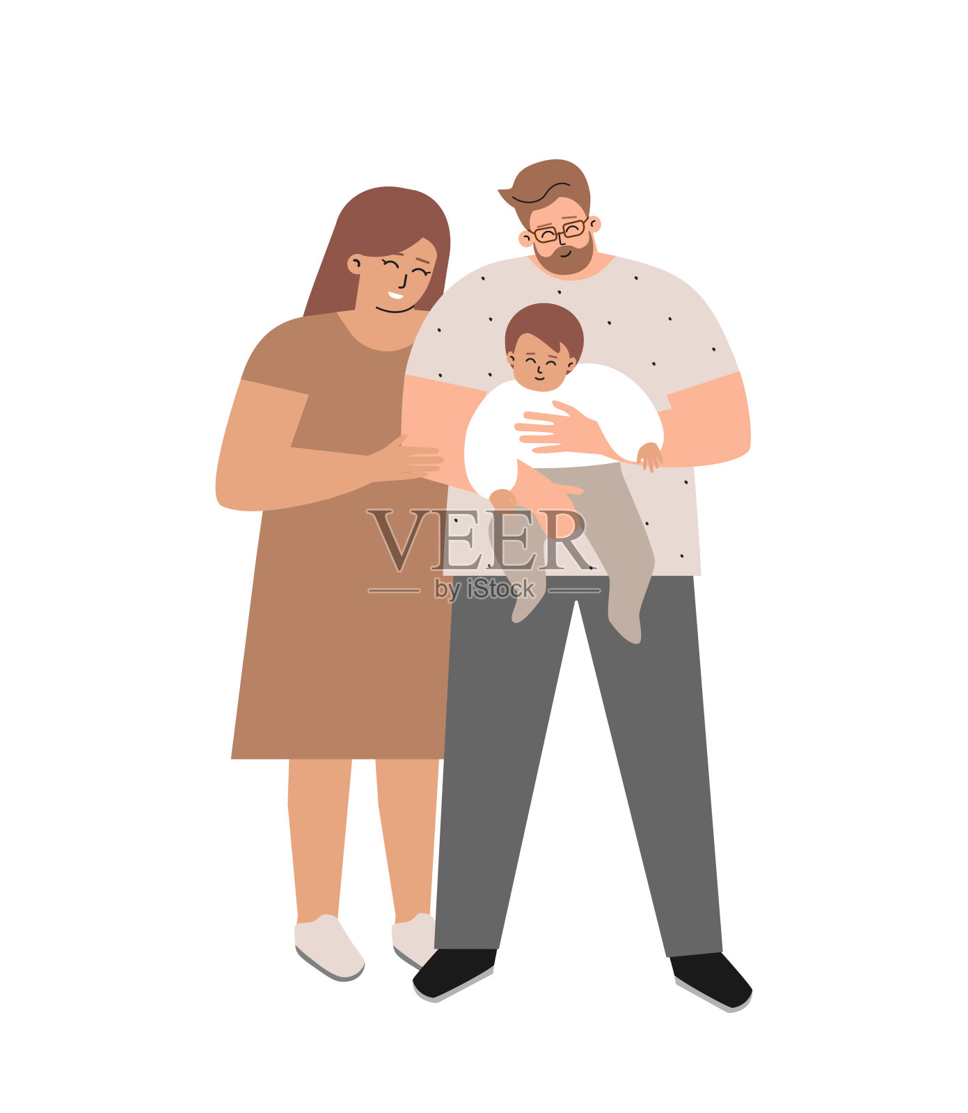 矢量孤立平面插图与幸福家庭。欧洲养父拥抱领养的婴儿。母亲和他们站在一起。父母对婴儿表现出爱和关心。理念与生活的寄养插画图片素材