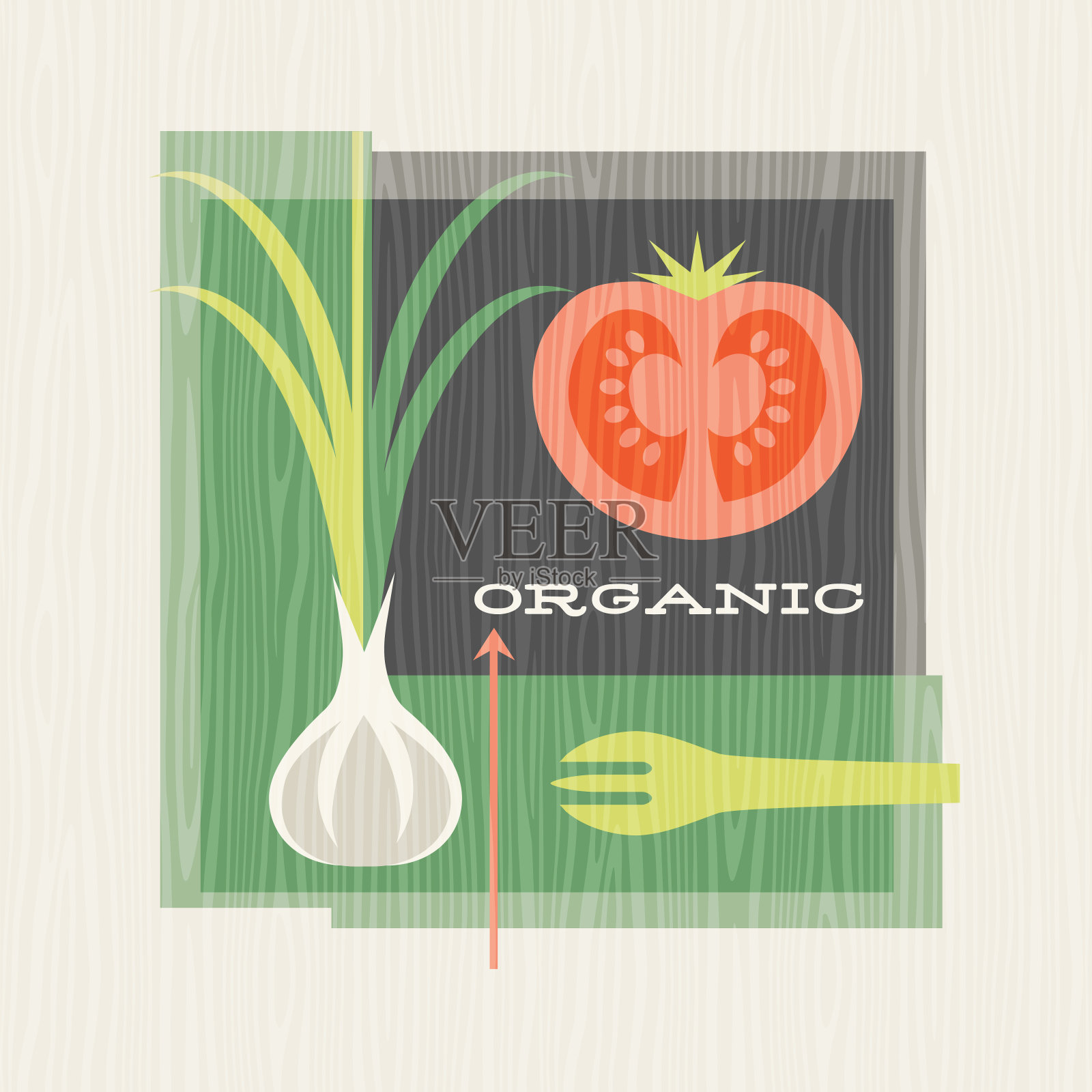 健康食品的复古插图包括大蒜和番茄。插画图片素材