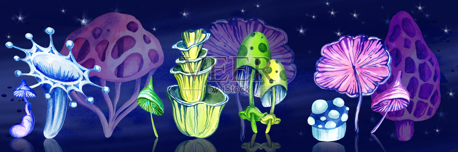 宇宙景观与奇妙的宇宙蘑菇和星星在黑暗的背景，水彩手绘插图，霓虹灯颜色插画图片素材