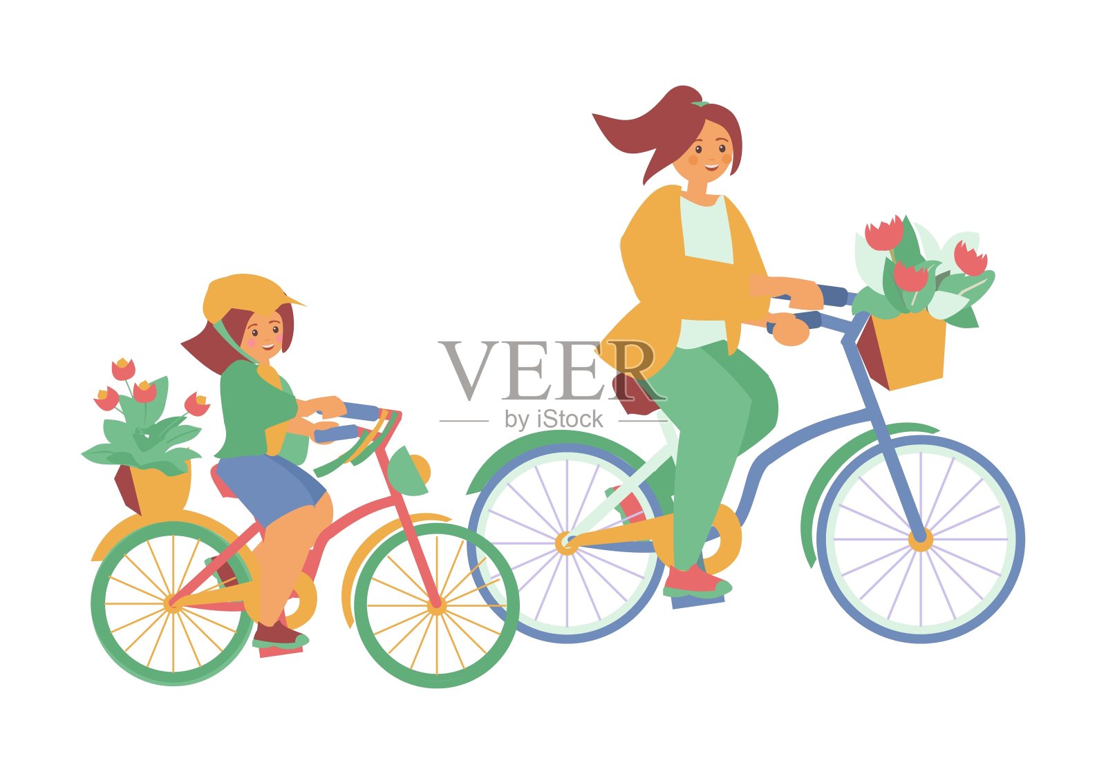 母亲和女儿骑自行车与鲜花篮母亲节贺卡矢量平面插图插画图片素材