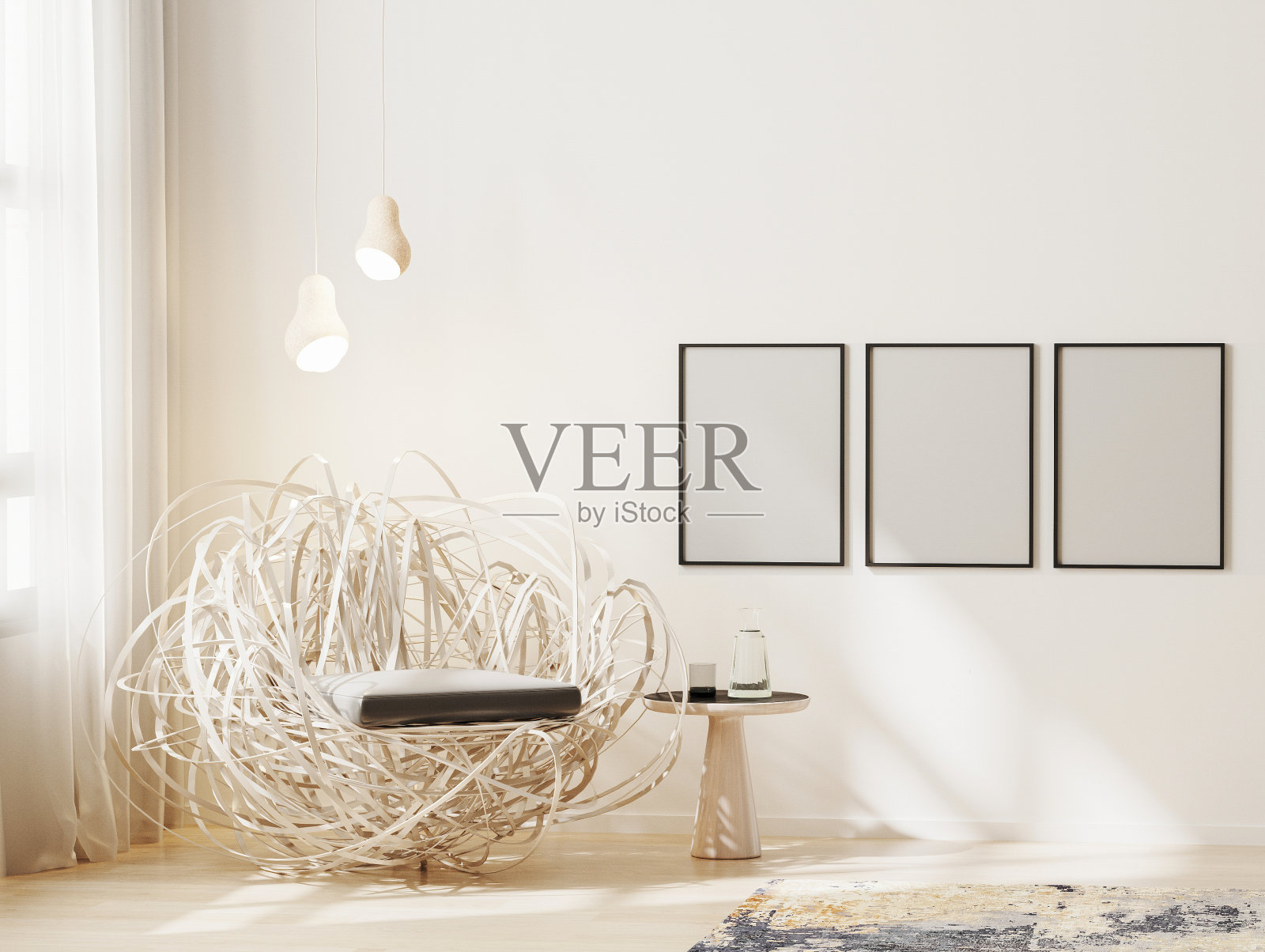 现代室内背景的空白框架模型，浅米色的客厅与时尚的扶手椅，海报框架模型，斯堪的纳维亚风格，3d渲染照片摄影图片