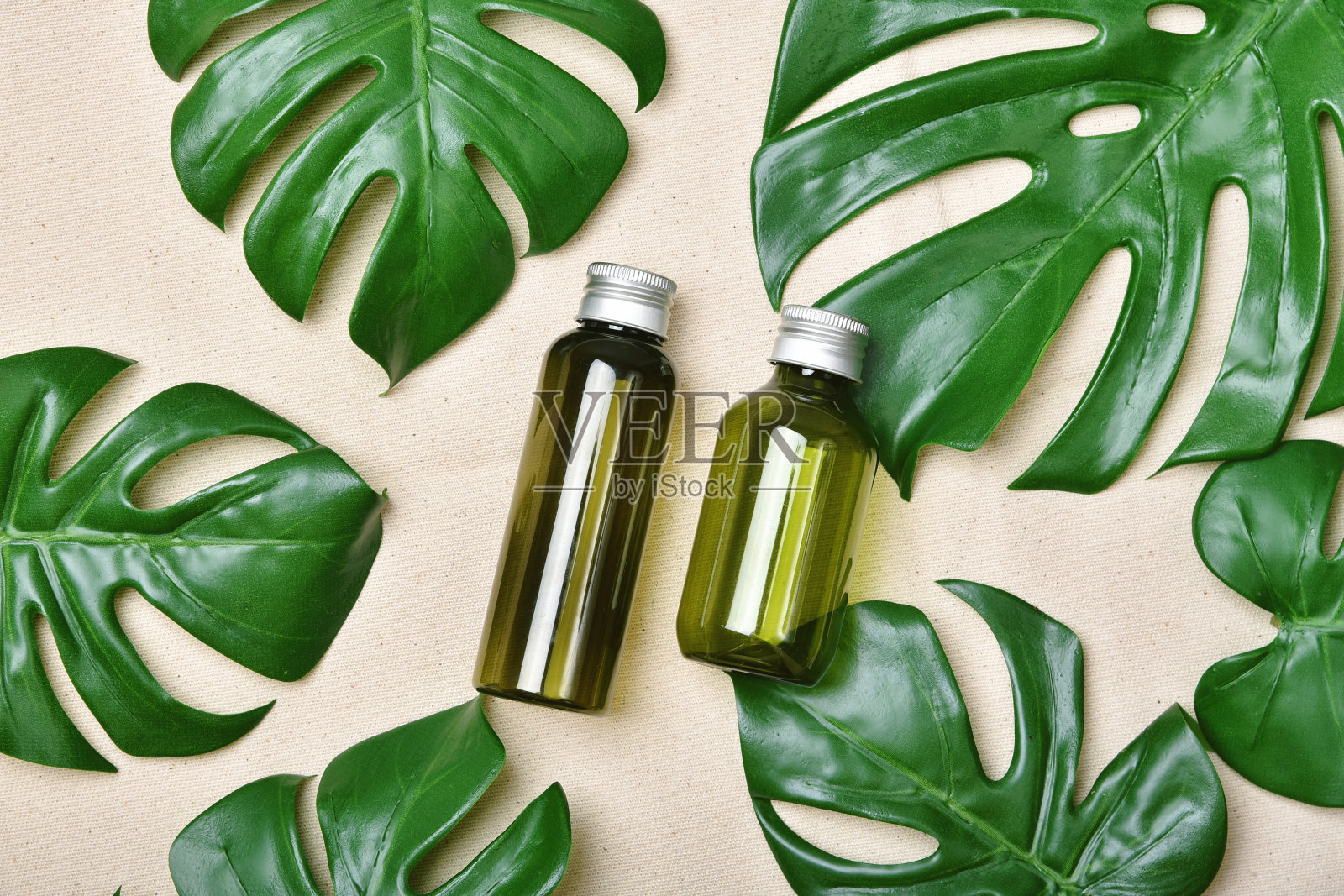 化妆品瓶容器包装与绿色草药叶子，有机品牌模型的空白标签，天然护肤美容产品的概念。照片摄影图片