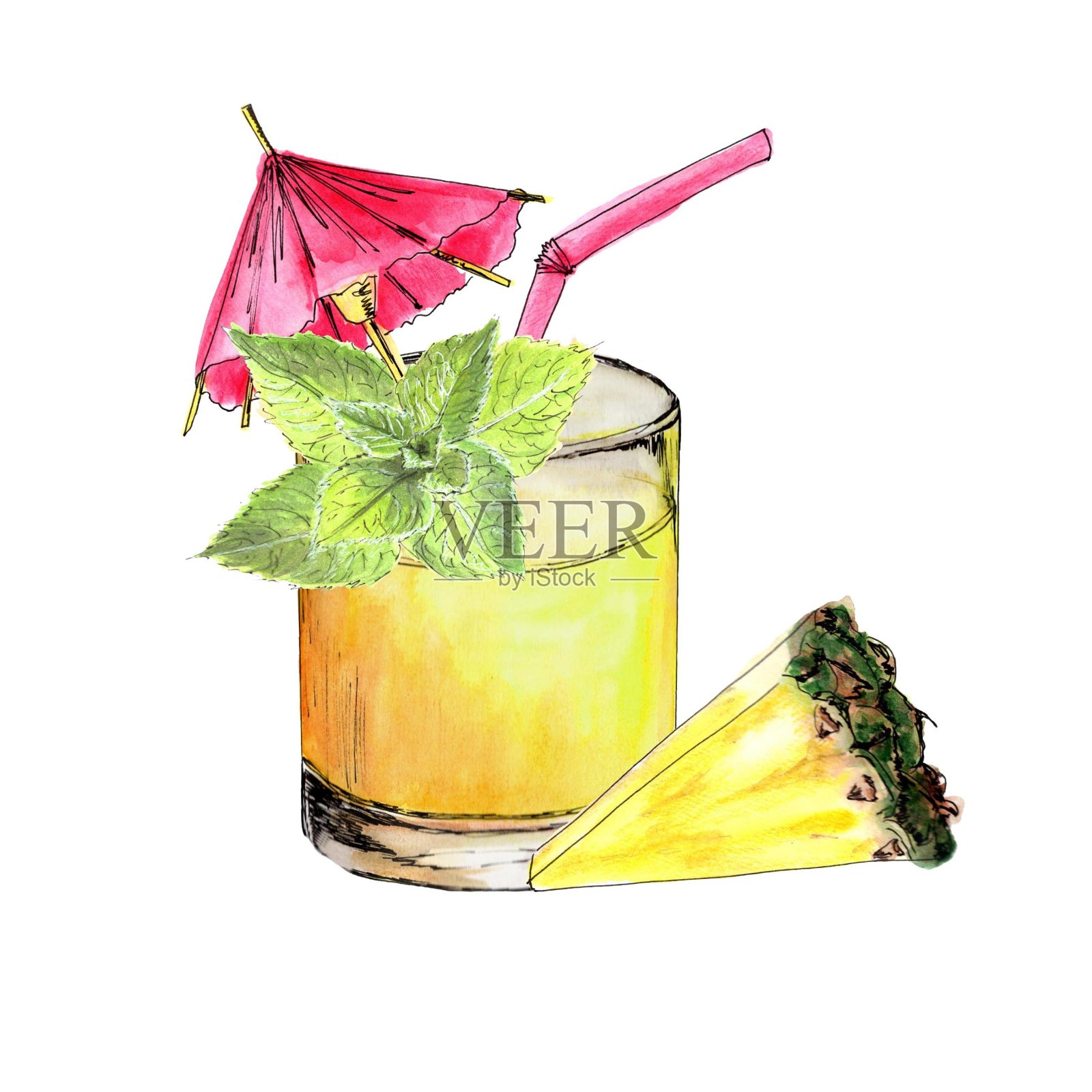 一杯带有吸管和菠萝片的菠萝汁，在白色的背景上孤立。水彩手绘插图插画图片素材