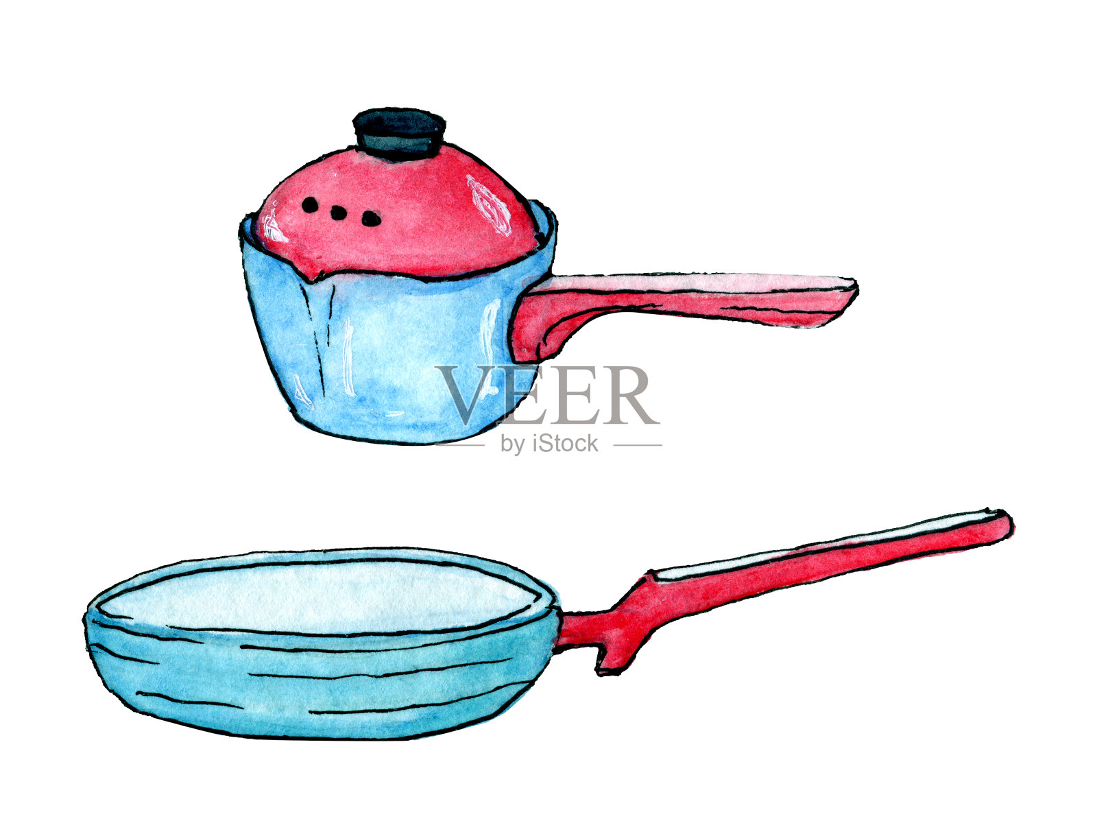 炖锅和煎锅水彩剪辑艺术插画图片素材