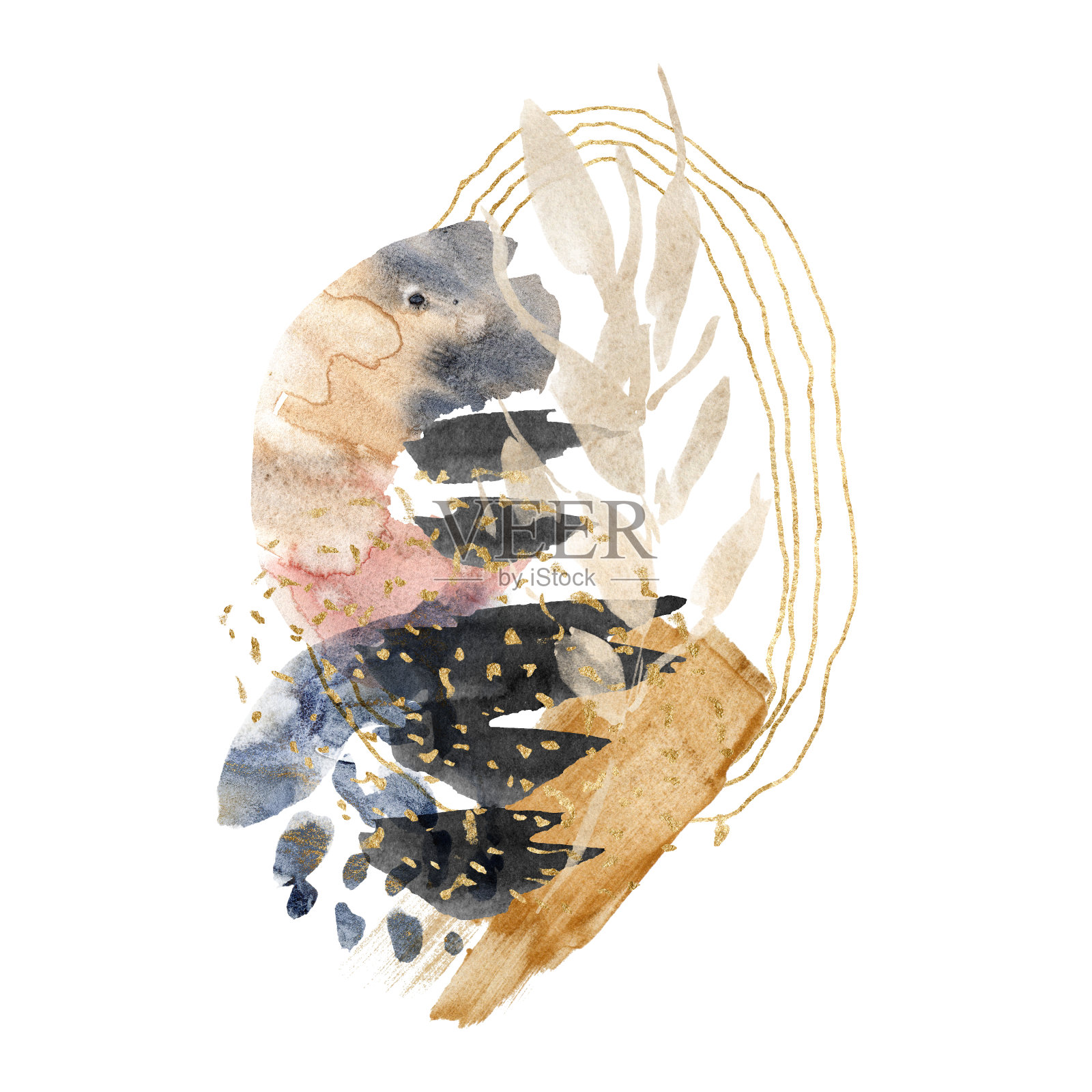 水彩花卉卡片的抽象米色斑点和花。手绘极简主义插图孤立在白色背景。用于设计、印花、织物或背景。插画图片素材