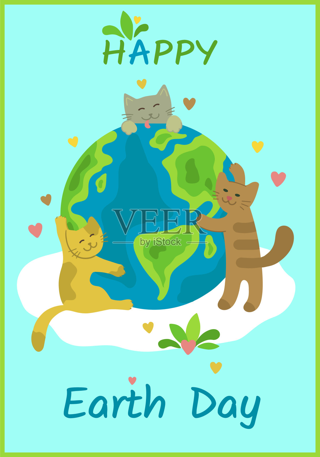 地球日快乐贺卡。Сute猫在云上拥抱地球。宠物照顾地球。爱地球。拯救地球。矢量垂直设计旗帜，卡片海报。平的卡通风格插画图片素材
