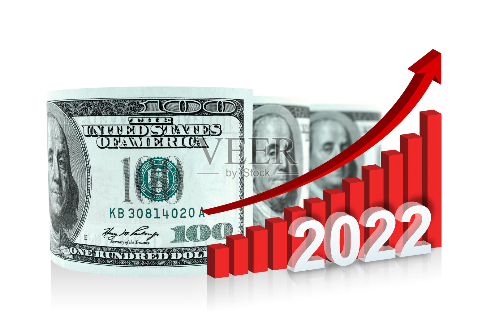 2022年增长图表和美元孤立在白色背景下照片摄影图片