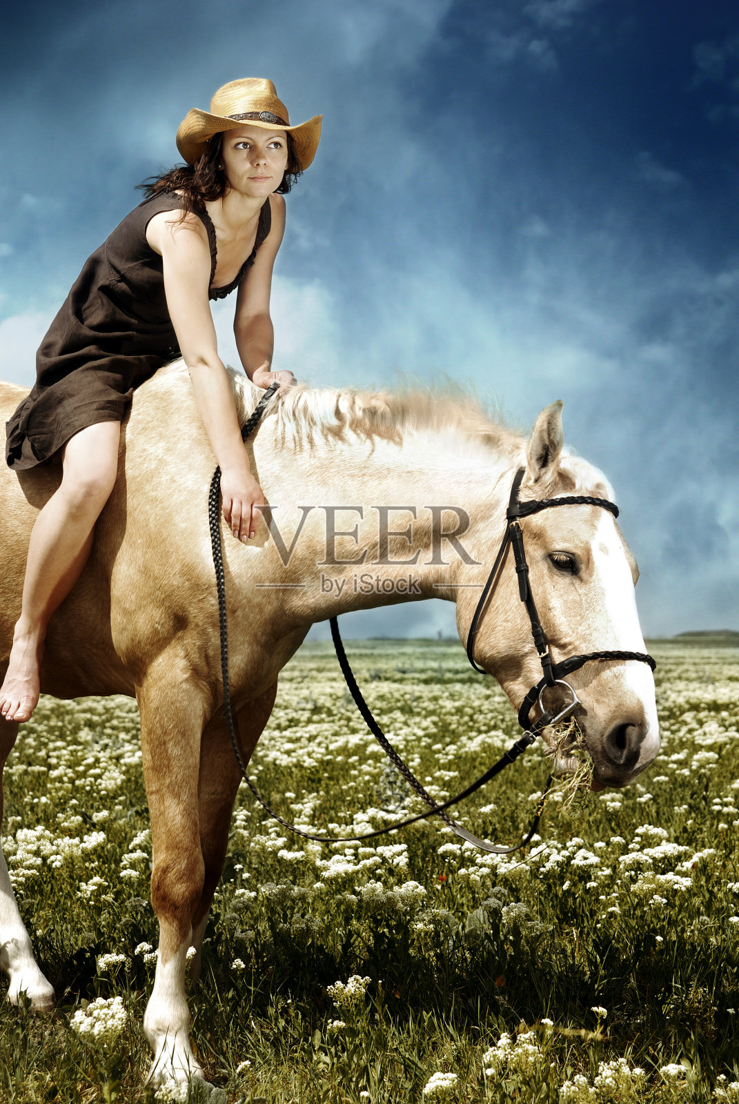 骑着马吃草，头戴西式帽子的女子照片摄影图片
