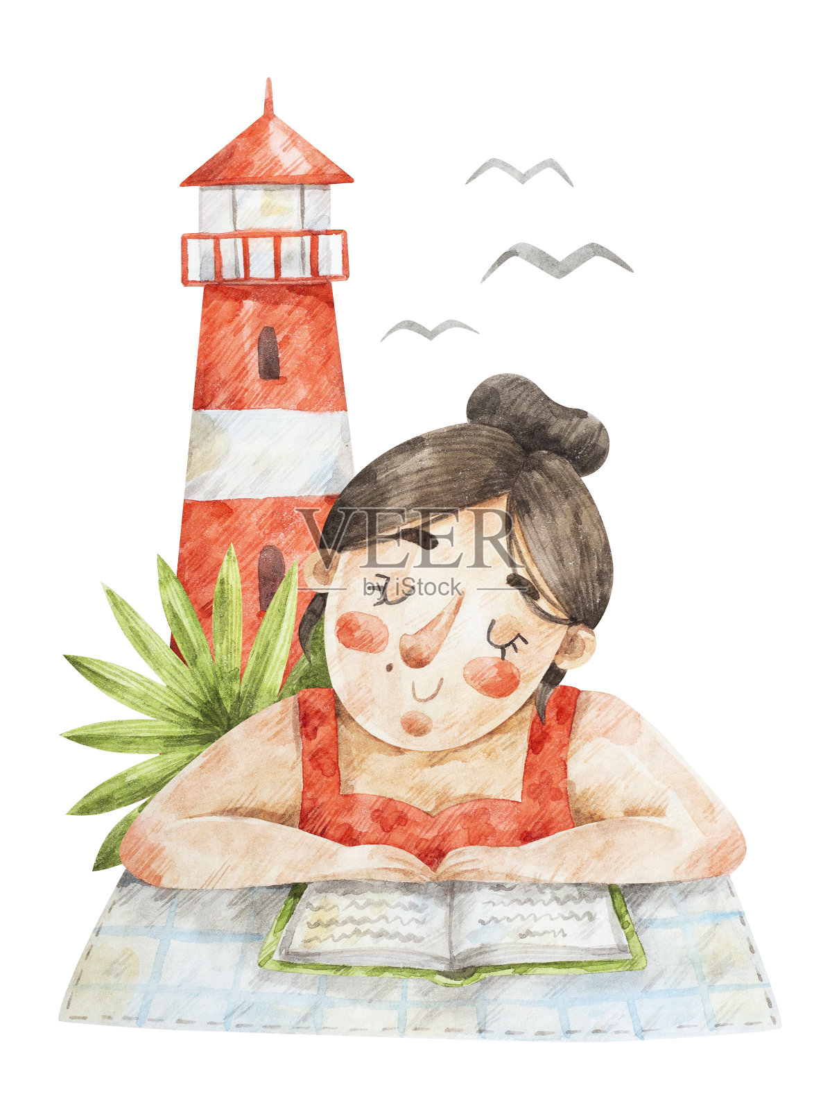 一个女人在海滩上看书插画图片素材
