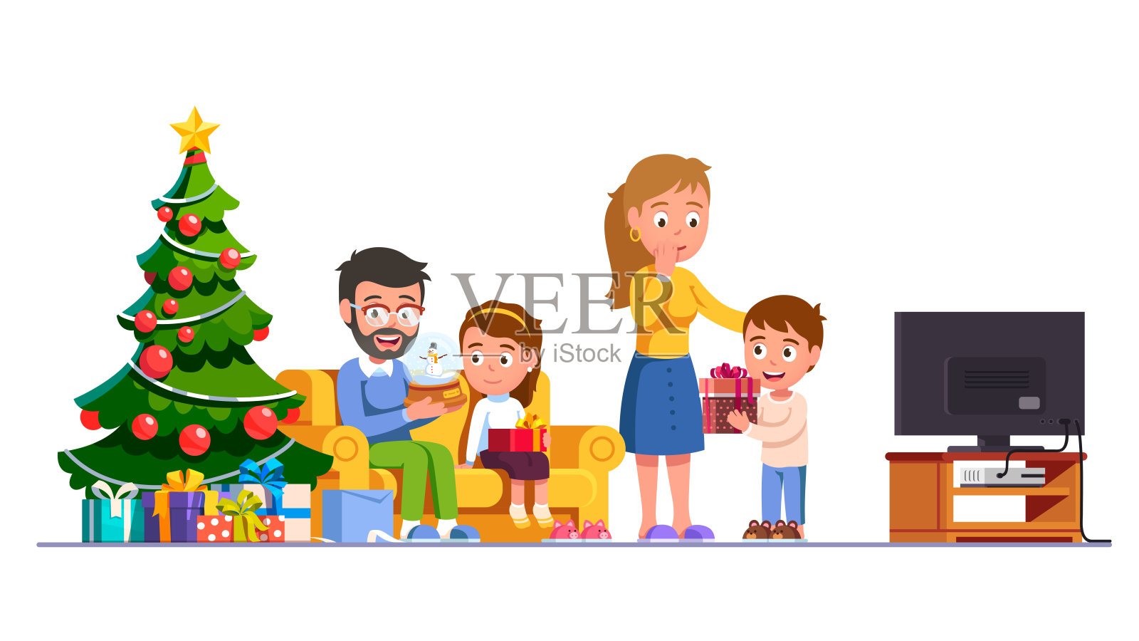 家人和父母一起拆新年礼物庆祝节日。妈妈，爸爸打开孩子们的礼物盒。男孩和女孩给结婚的圣诞礼物。平面矢量字符插图插画图片素材