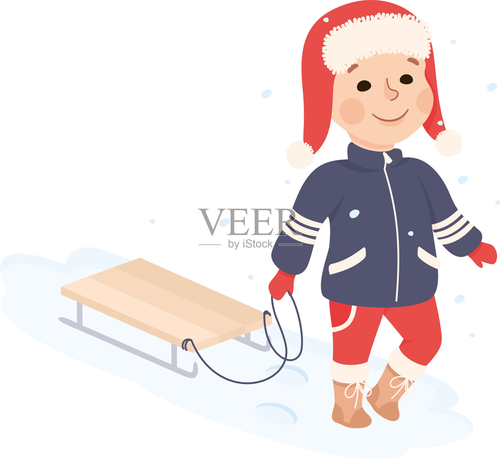 可爱的男孩拉着雪橇走着，享受着插画图片素材