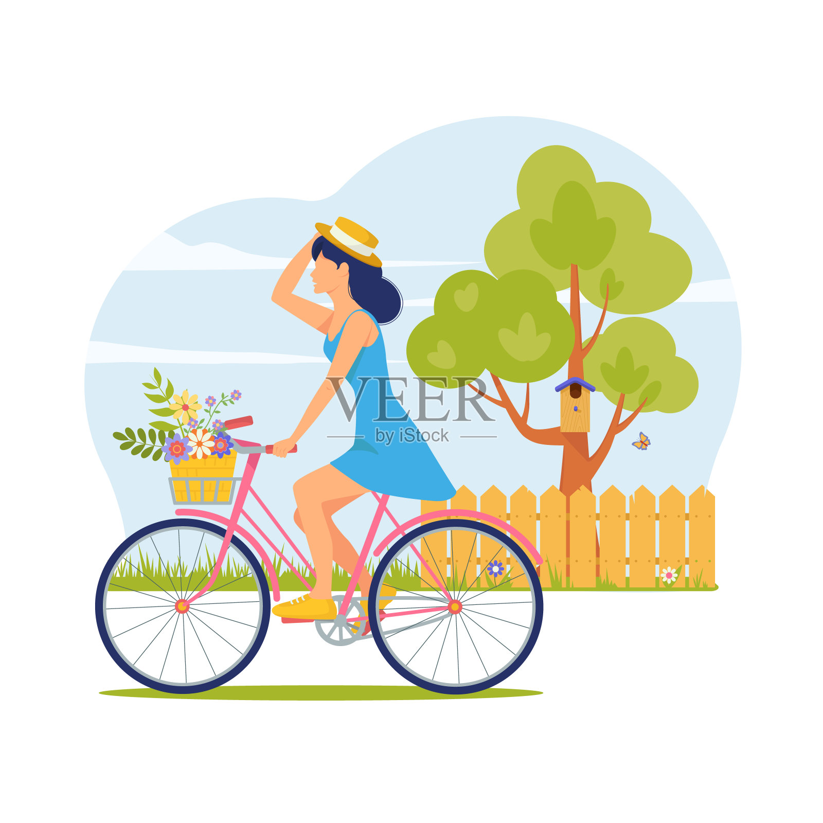 年轻女子戴着帽子，穿着夏装，骑着自行车，挎着花篮设计元素图片