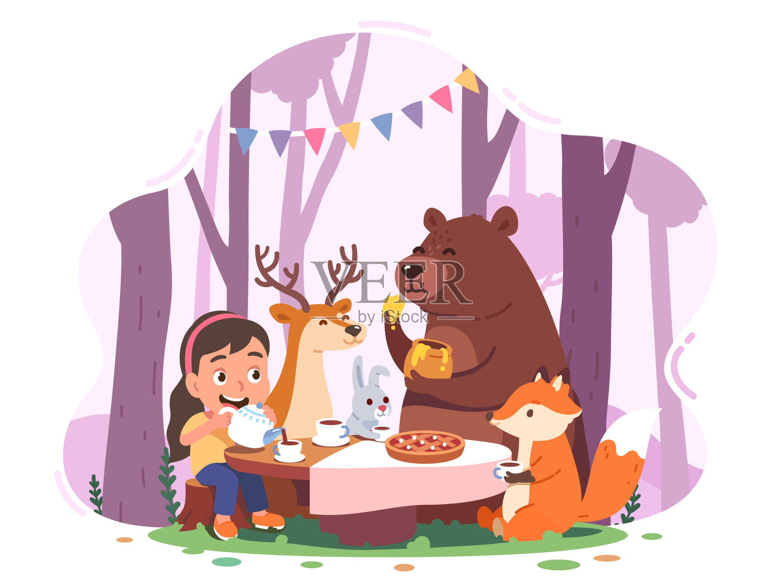 小姑娘，森林里的动物卡通人物茶话会。小孩、小熊、狐狸、小鹿、小兔坐在餐桌旁喝茶。童年友谊有趣的童话概念平面矢量插图设计元素图片