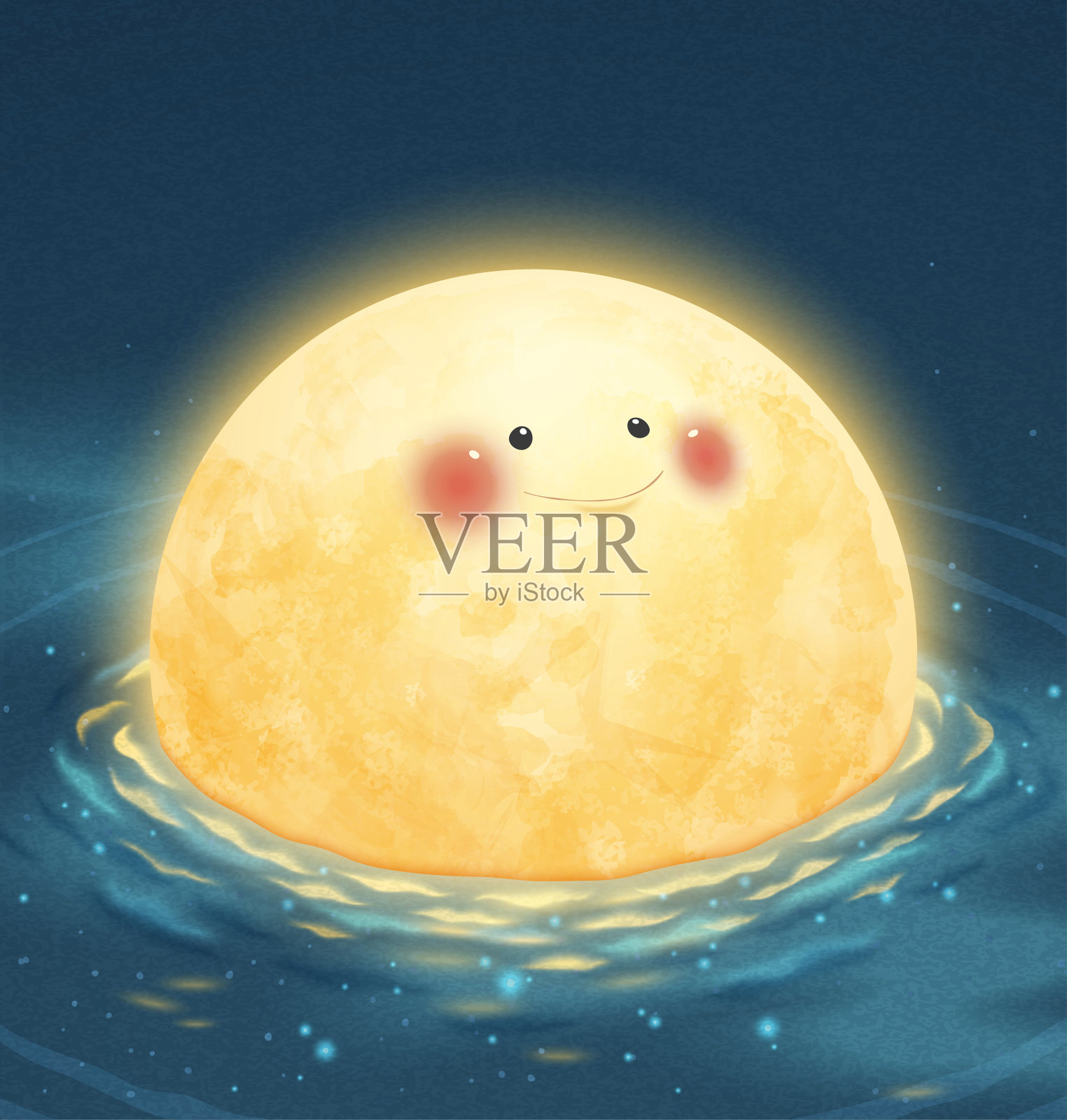可爱微笑月亮漂浮在水上插画图片素材