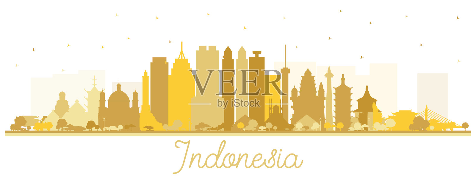 印度尼西亚城市天际线轮廓与金色的建筑孤立在白色。插画图片素材
