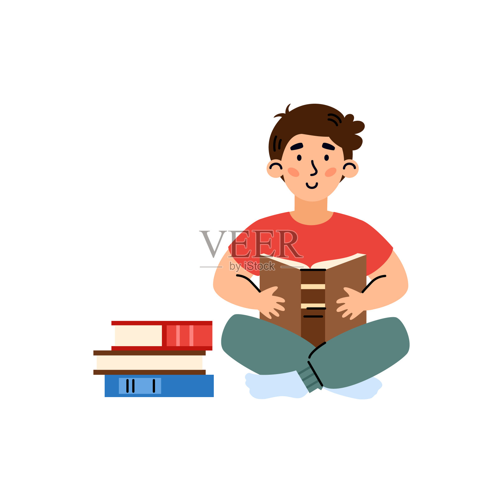 可爱的小男孩坐在家里，图书馆或幼儿园读书。插画图片素材