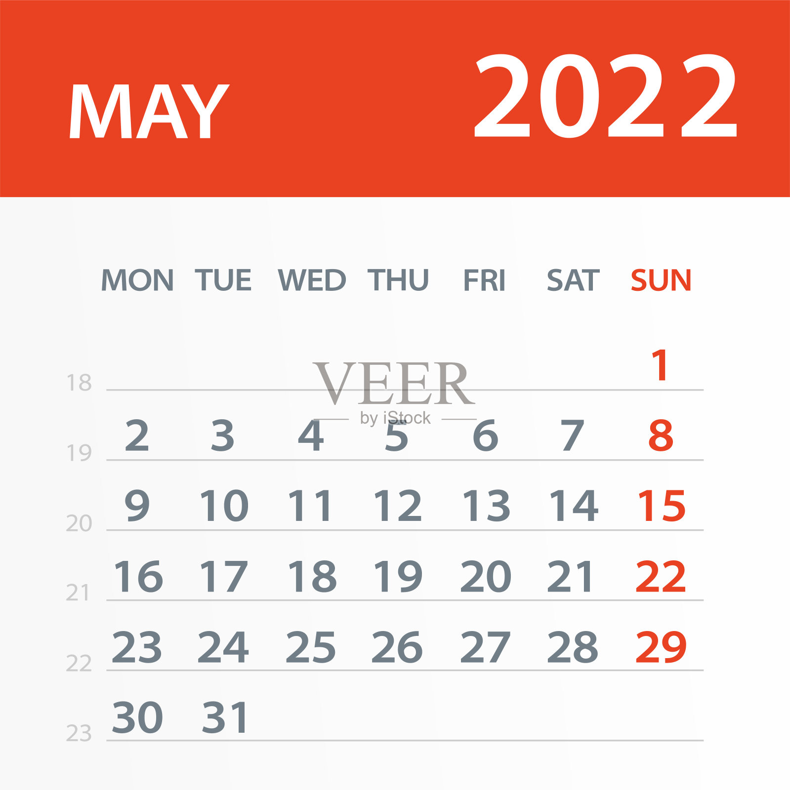2022年5月日历叶-矢量插图。一周从周一开始设计模板素材