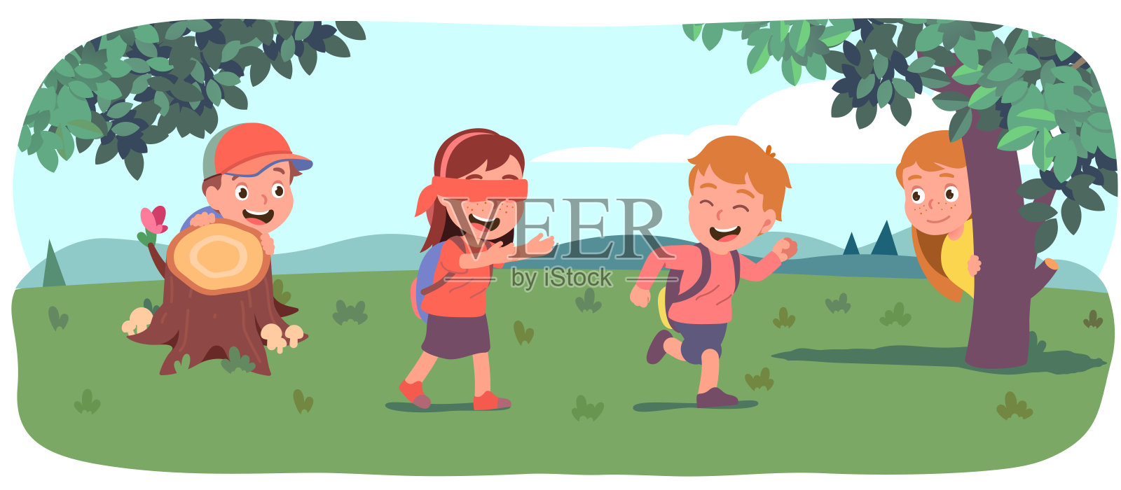 男孩，女孩，孩子们在绿色的夏日草坪上捉迷藏。被蒙住眼睛的女孩在树桩后面寻找朋友。快乐的孩子们享受户外游戏活动。平面向量插图插画图片素材